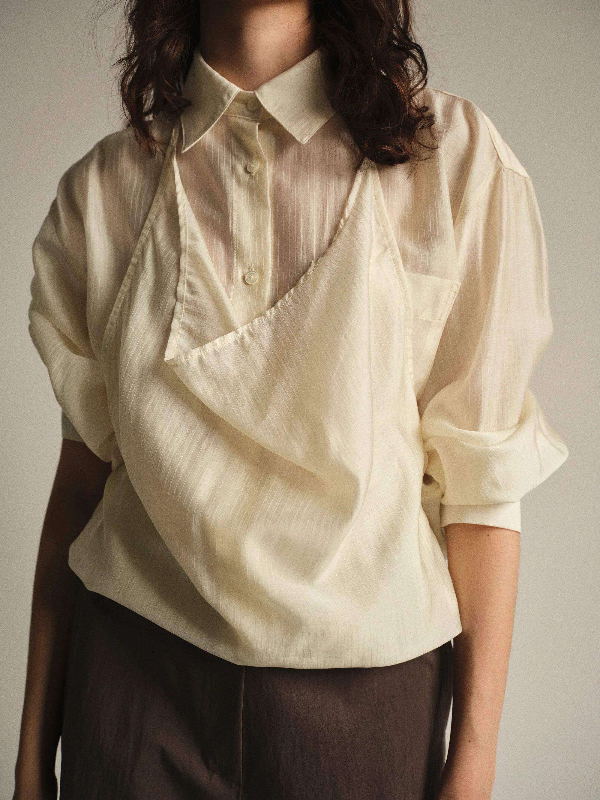 Layered Striped Shirt, Cream - Image 3