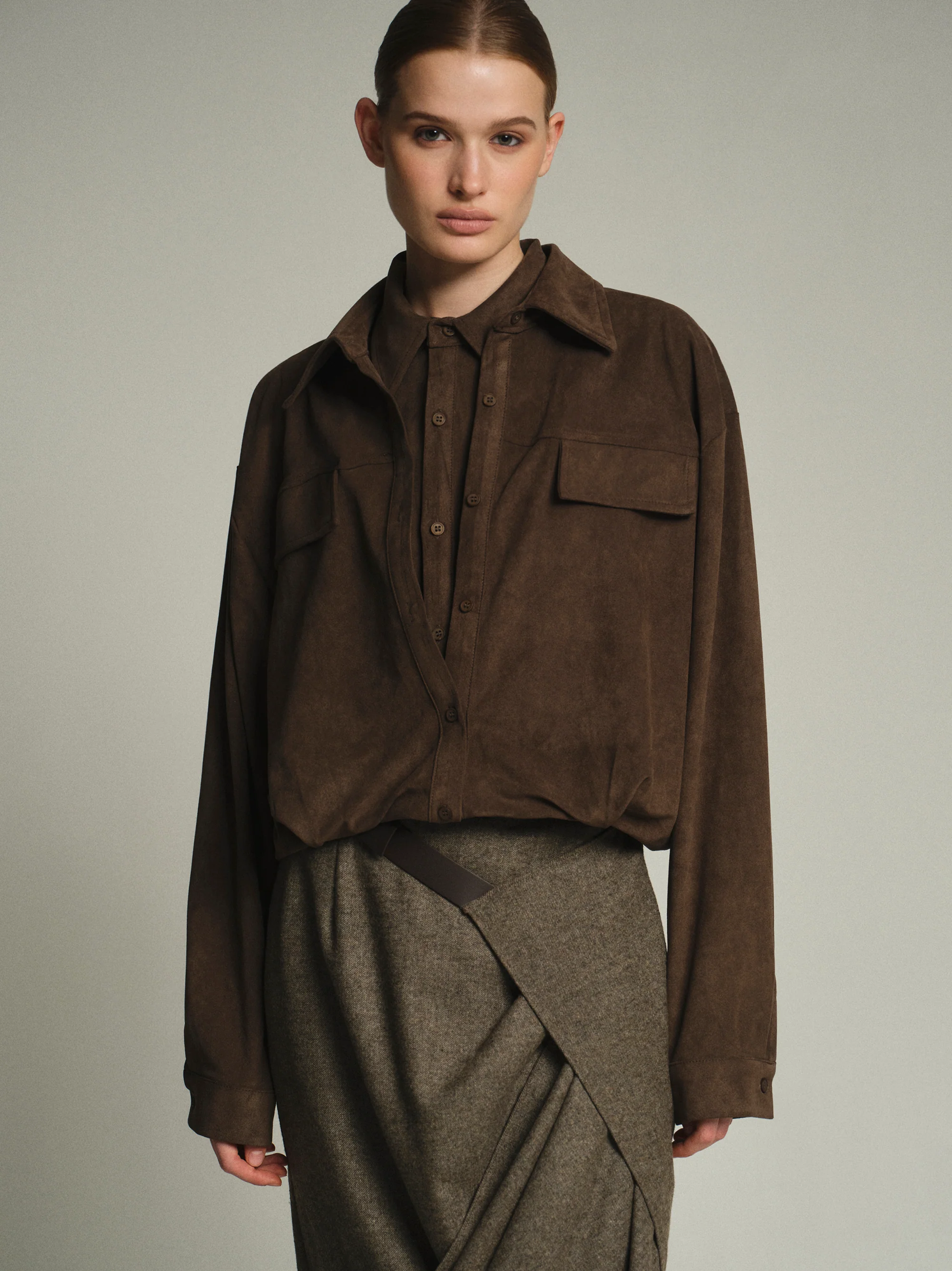 Layered Suede Effect Shirt, Brown - Image 3