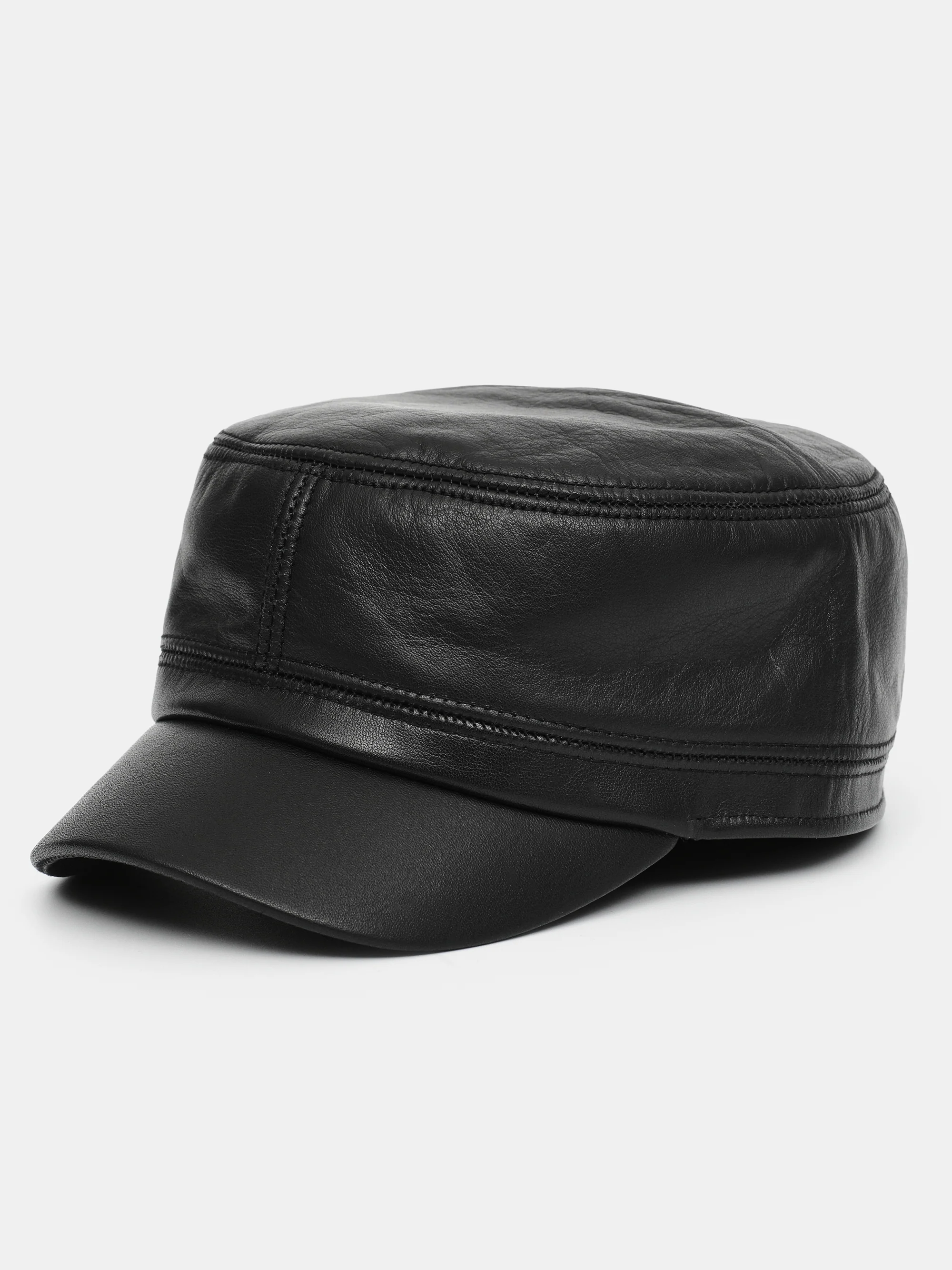 Leather Newsboy Cap, Black - Image 3