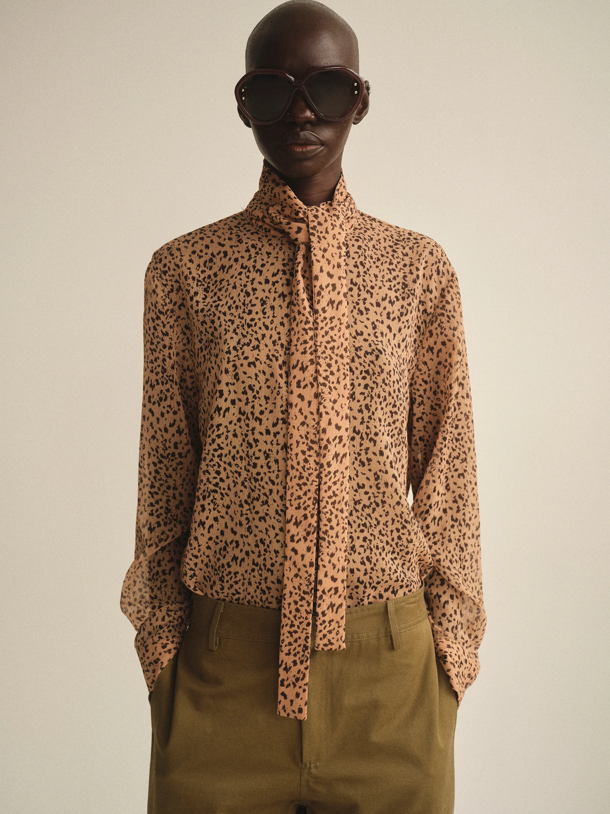 Leopard-Print Scarf Blouse, Brown