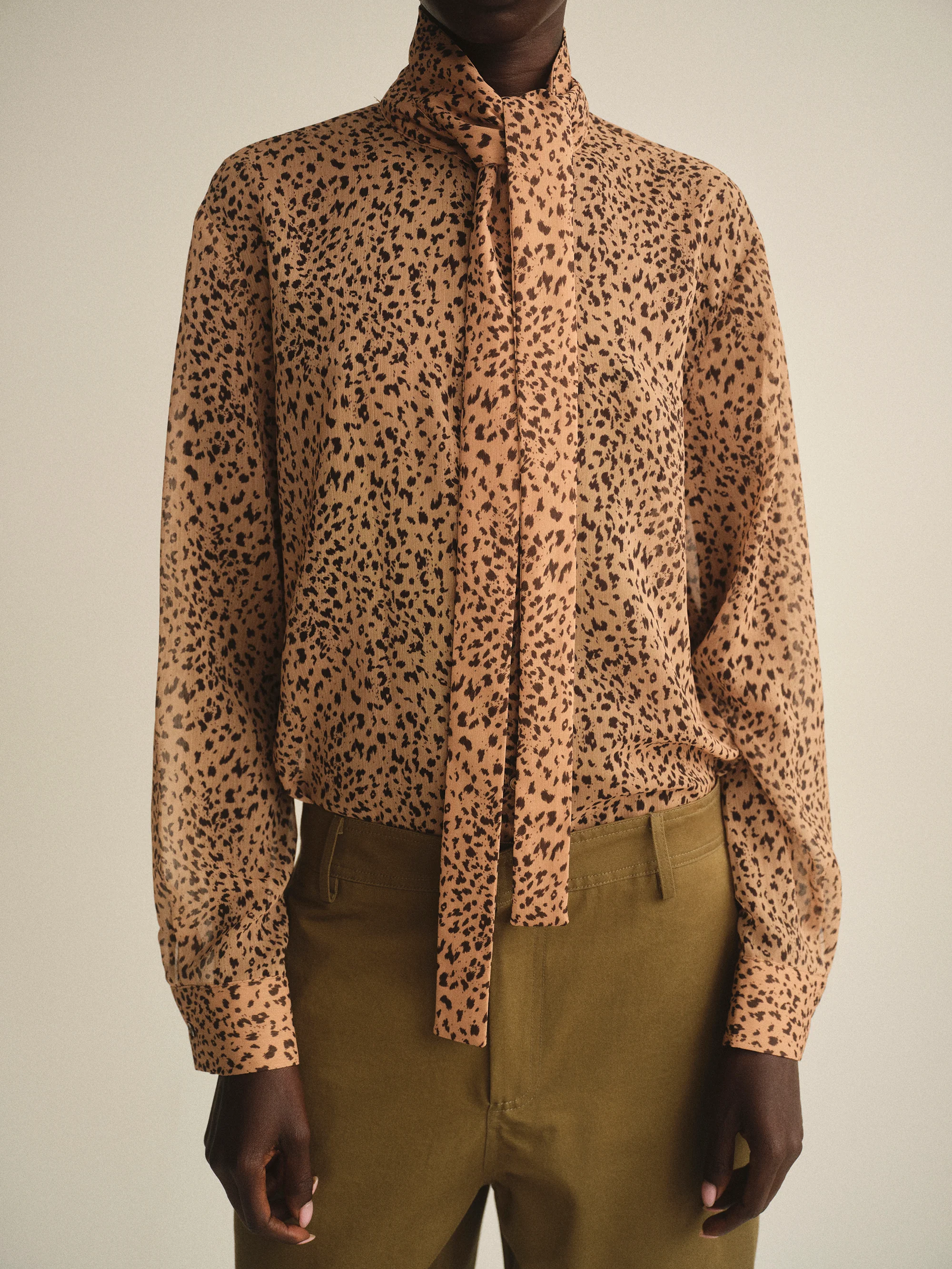 Leopard-Print Scarf Blouse, Brown - Image 3