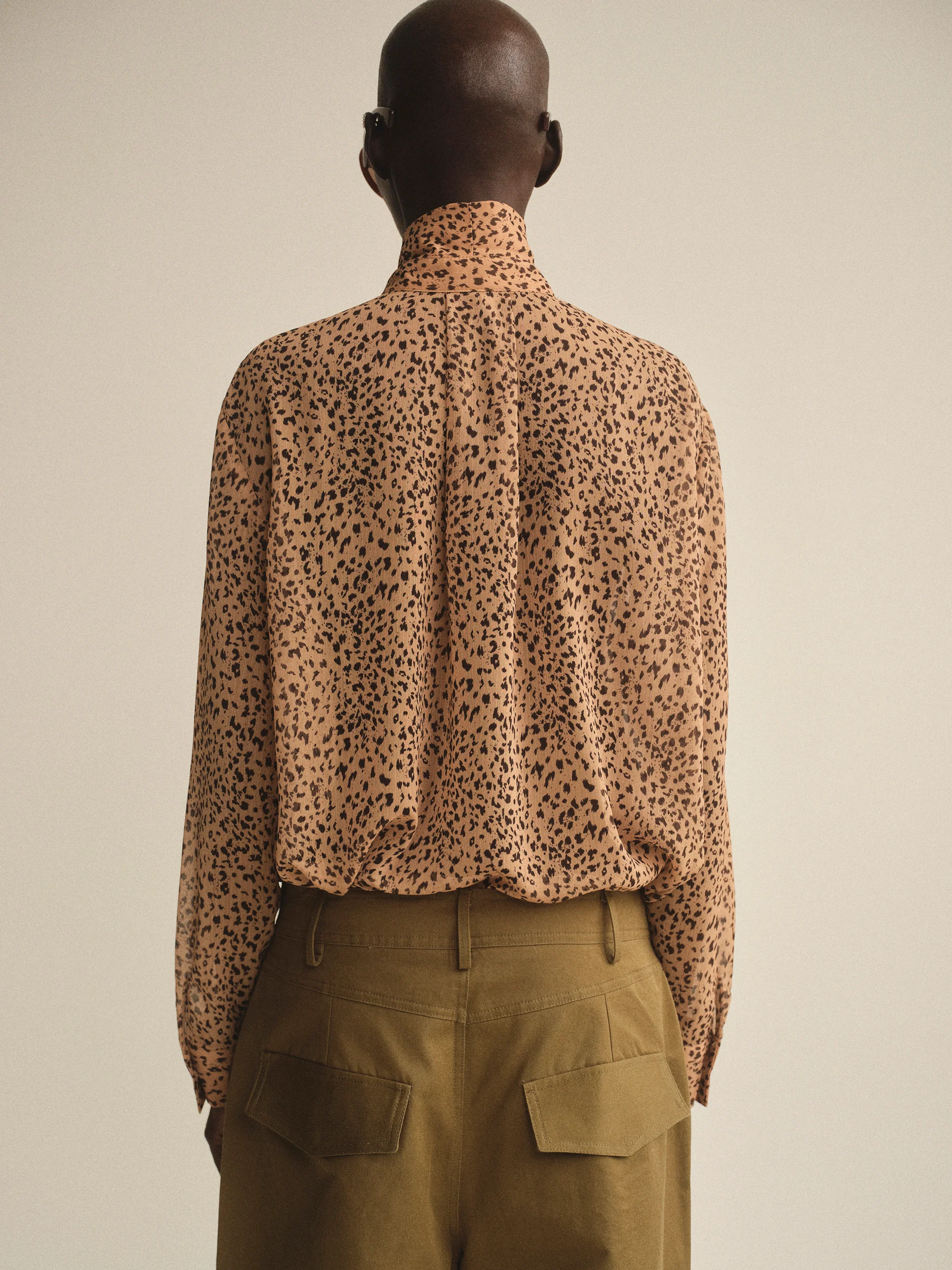 Leopard-Print Scarf Blouse, Brown - Image 4