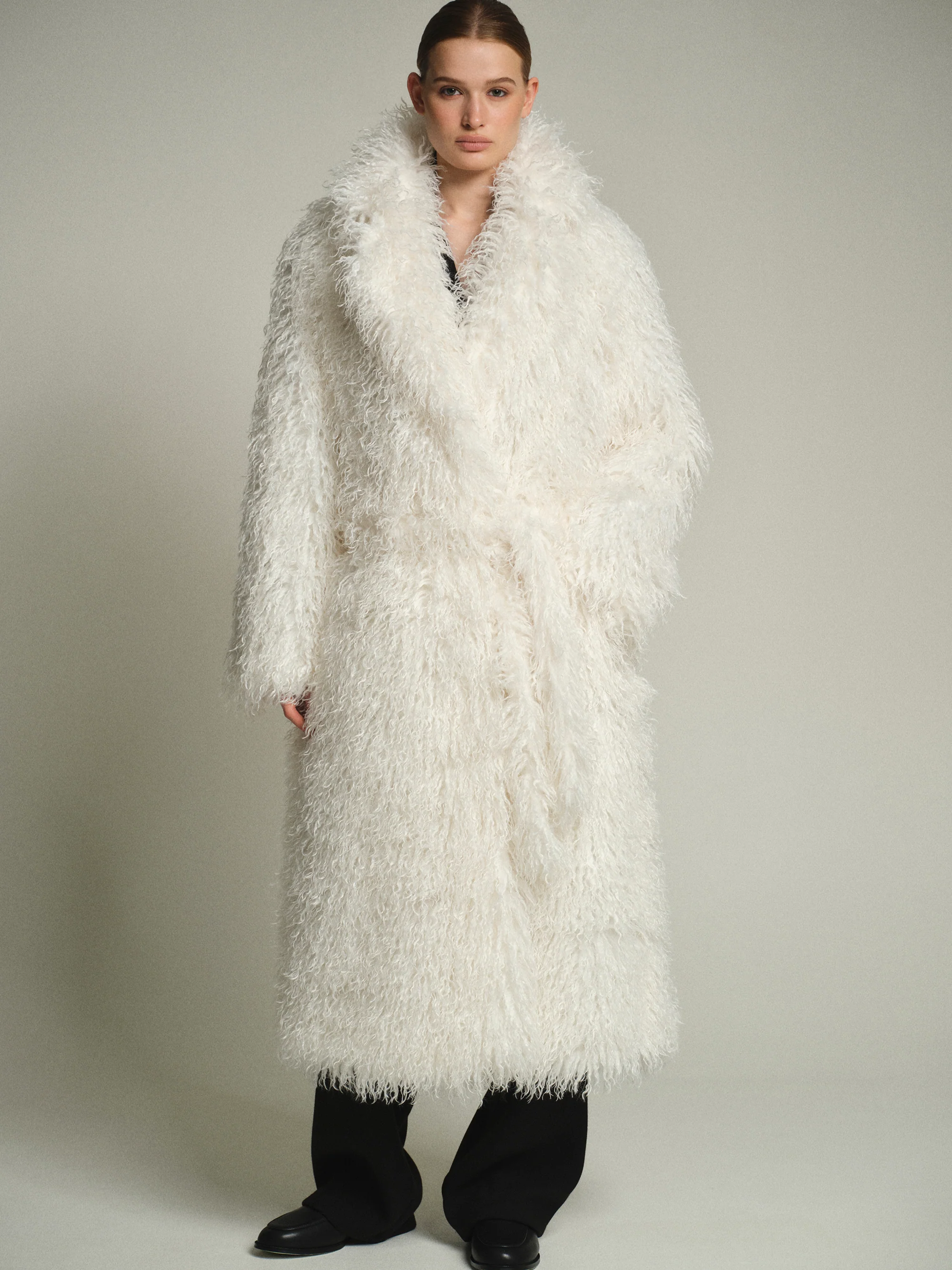 Long Belted Plush Coat, White