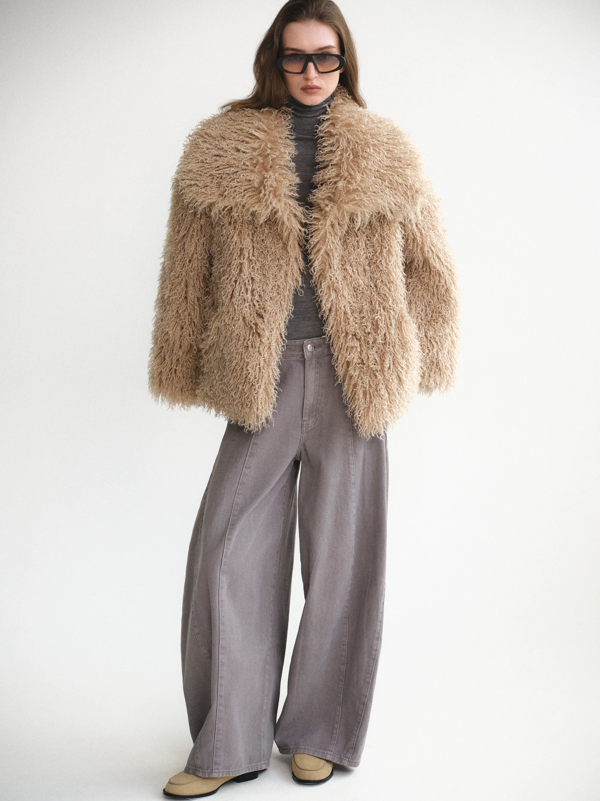 Long Hair Faux-Fur Jacket, Brown