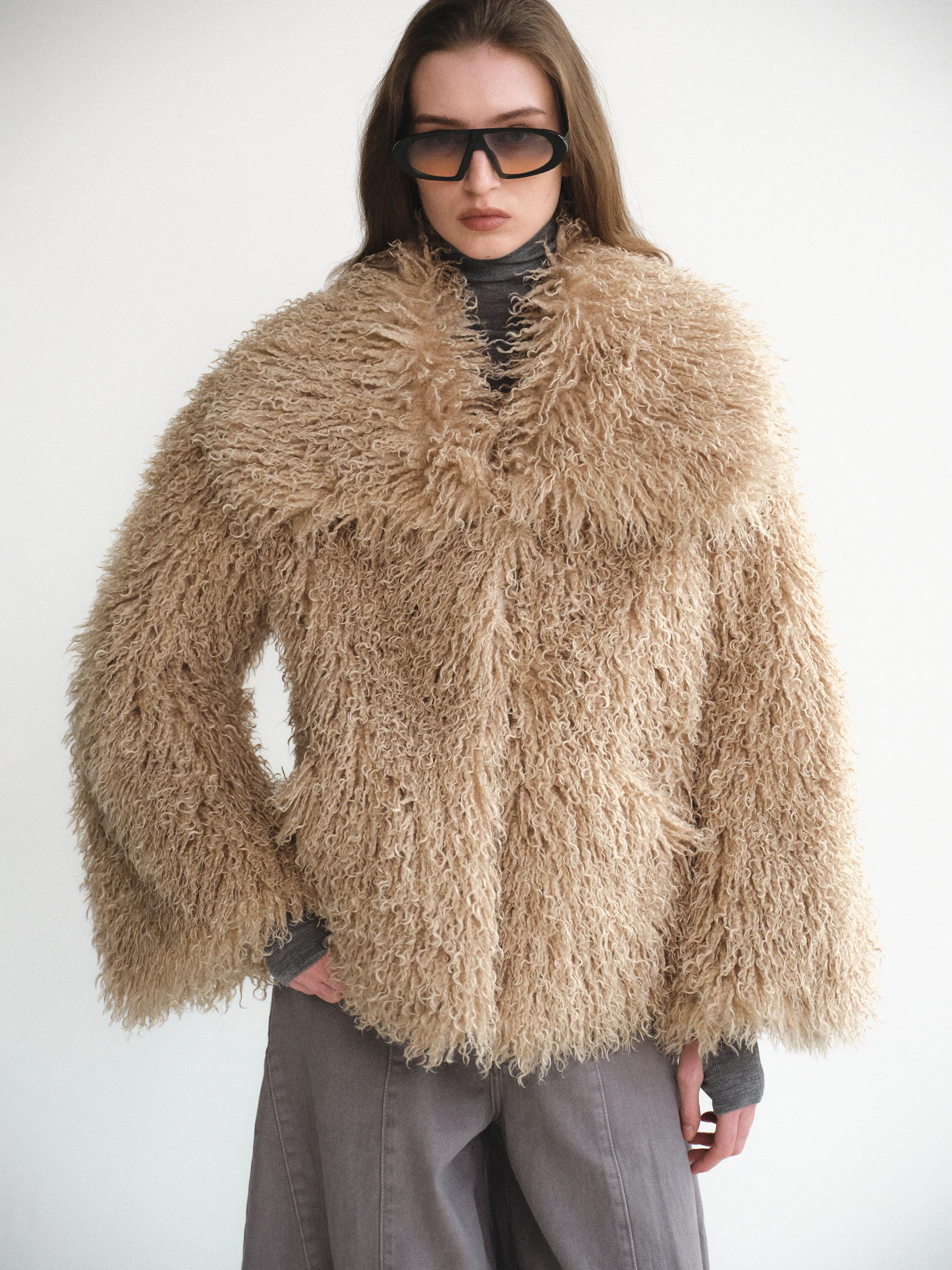 Long Hair Faux-Fur Jacket, Brown - Image 2