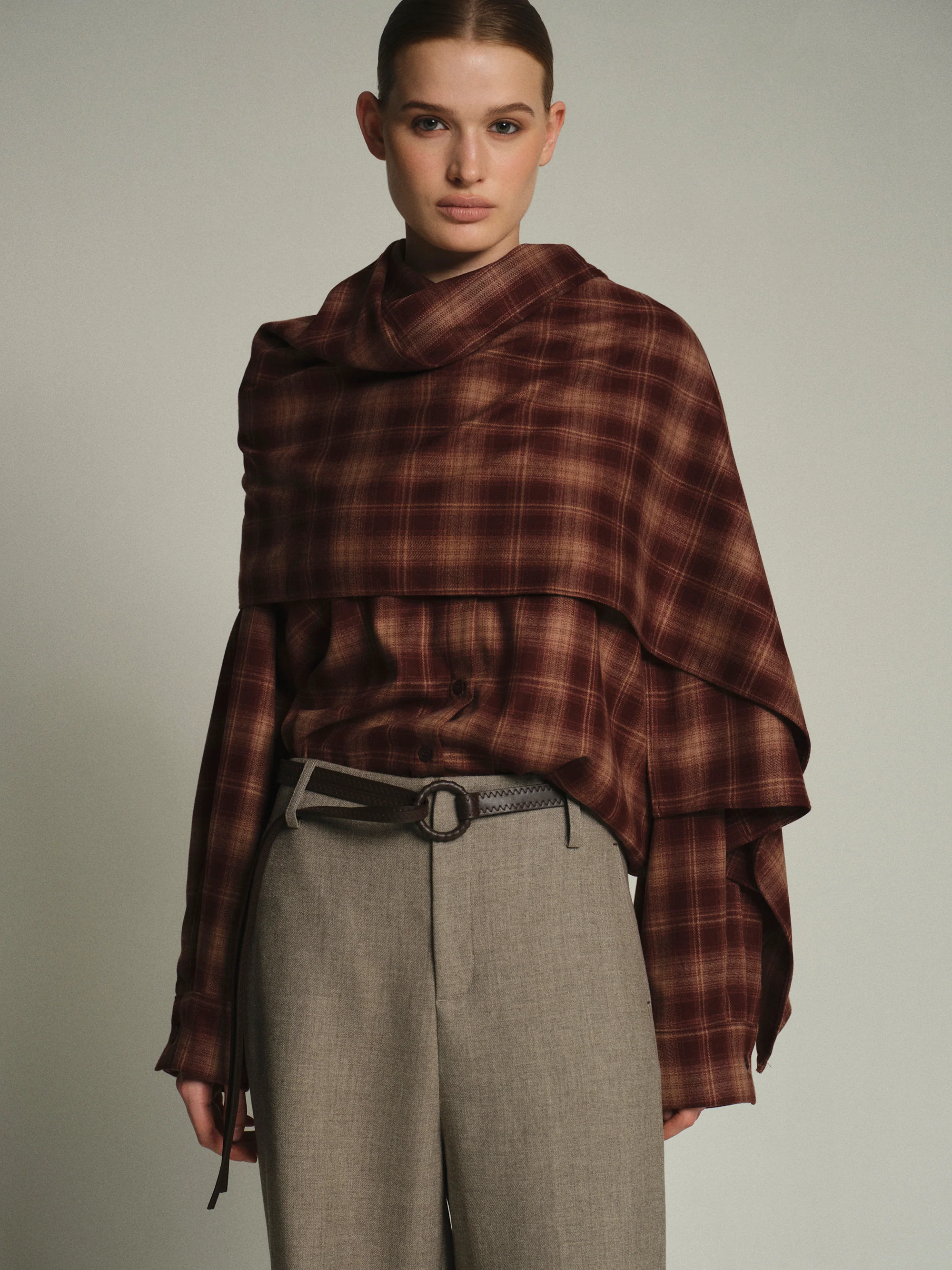 Malia Plaid Scarf Shirt, Sienna - Image 3