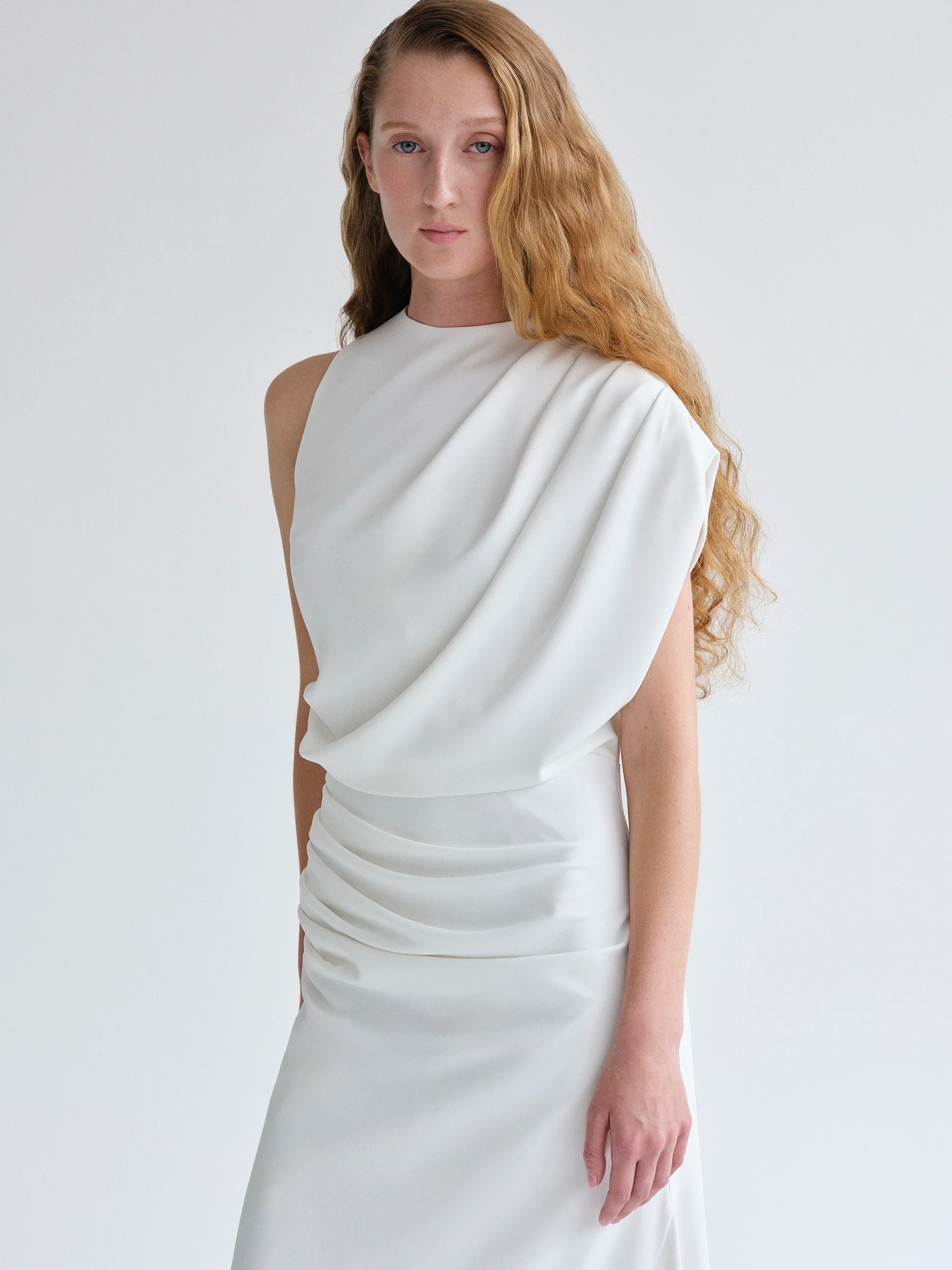 Martu Asymmetric Draped Dress, White - Image 8