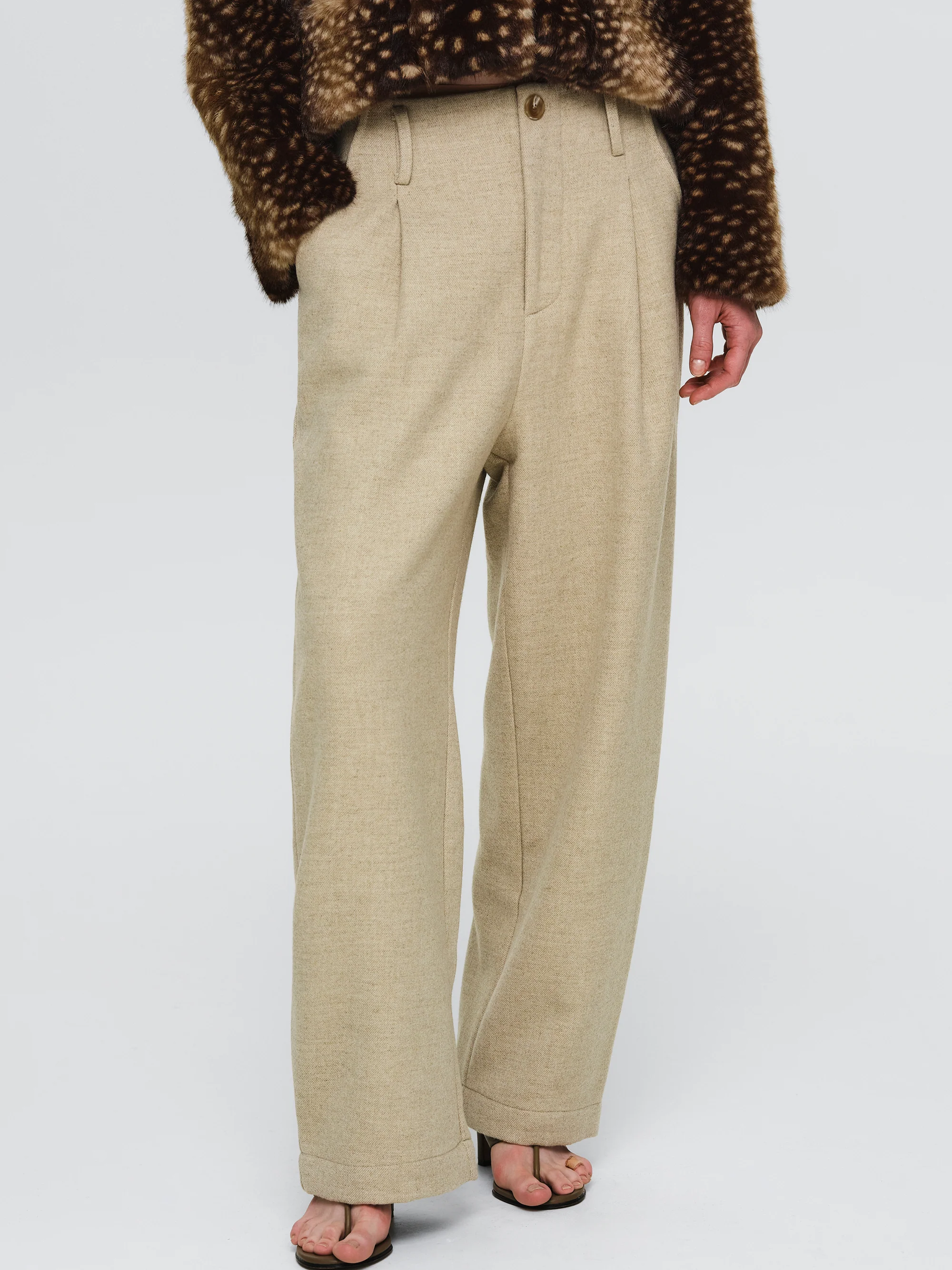 Melange Wool-Blend Trousers, Beige