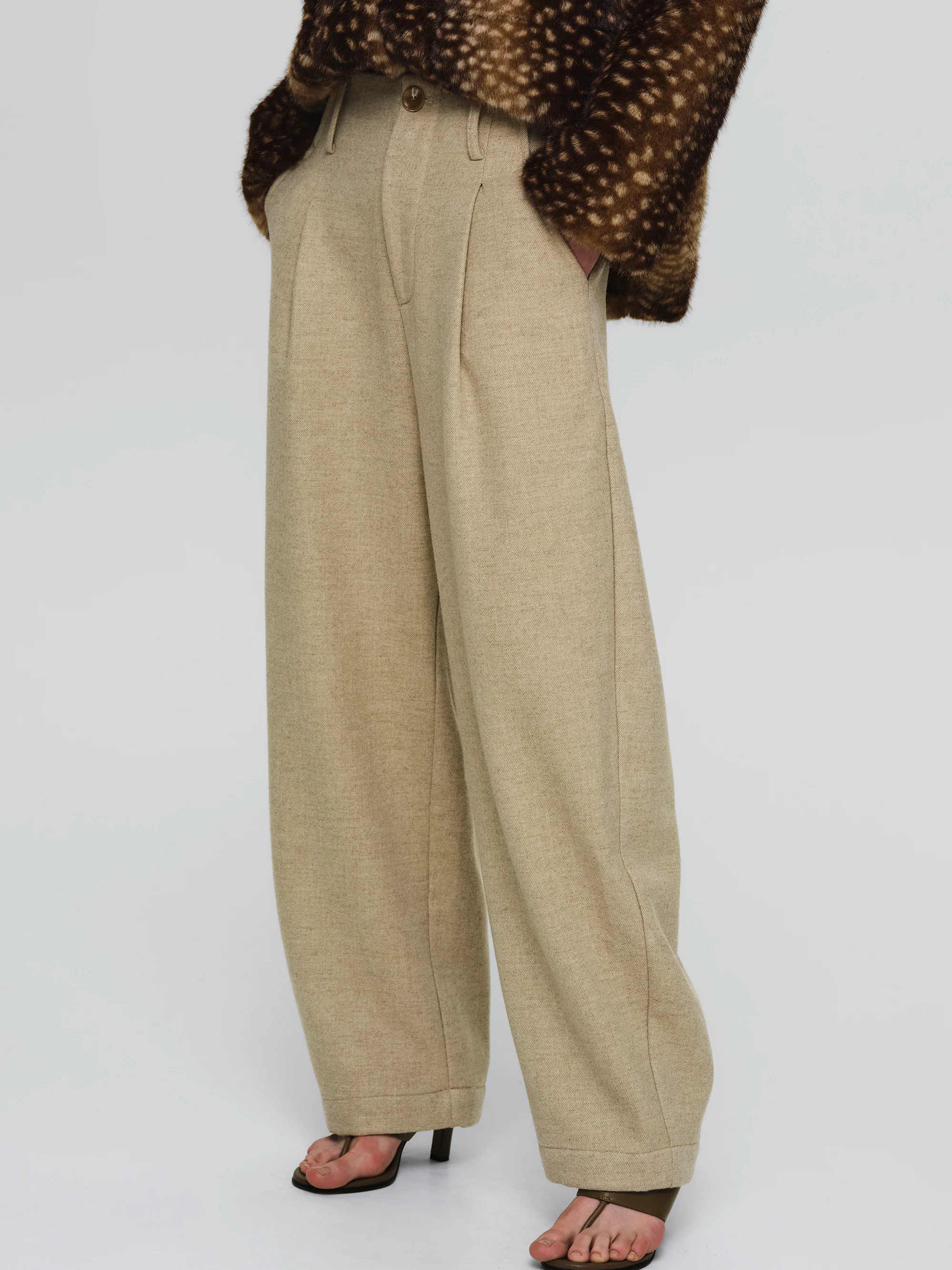 Melange Wool-Blend Trousers, Beige - Image 3