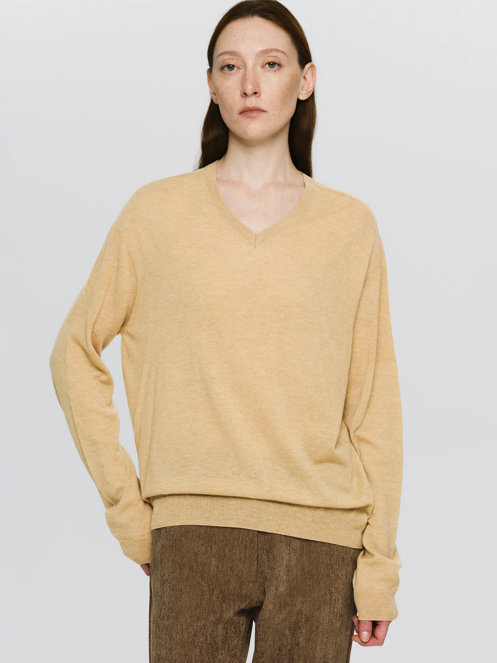 Merino Wool V-Neck Knit, Beige