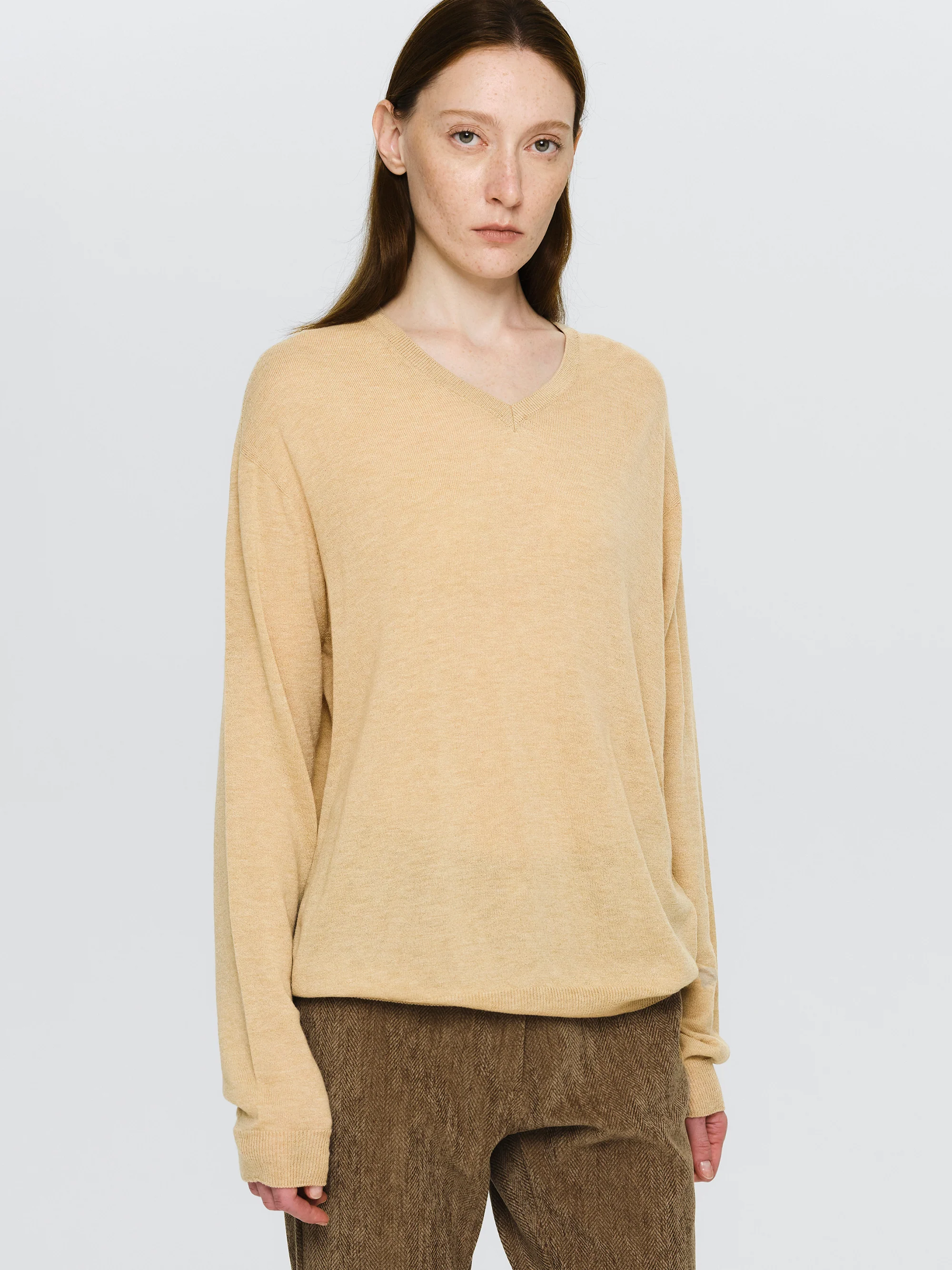Merino Wool V-Neck Knit, Beige - Image 3