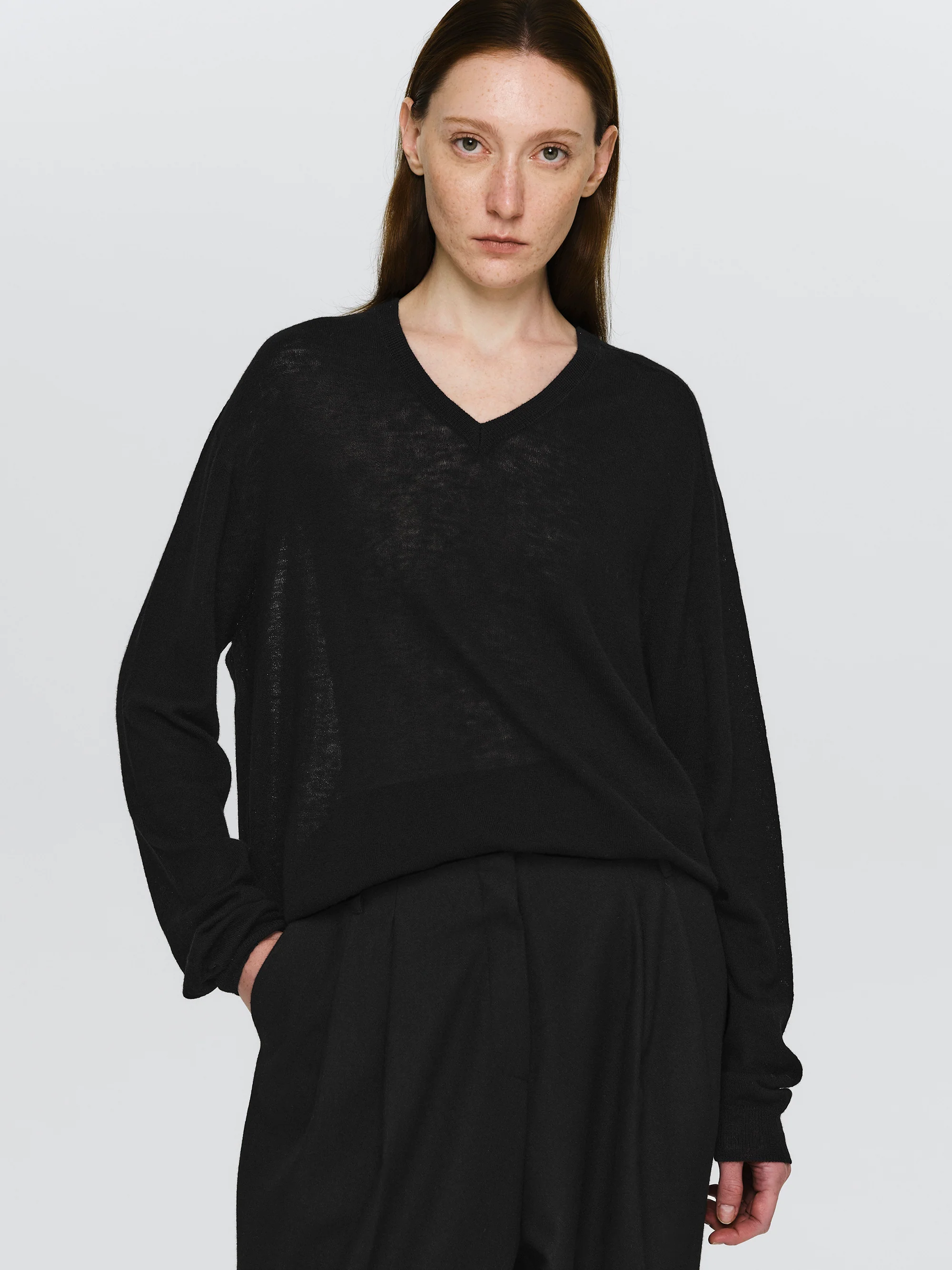 Merino Wool V-Neck Knit, Black - Image 3
