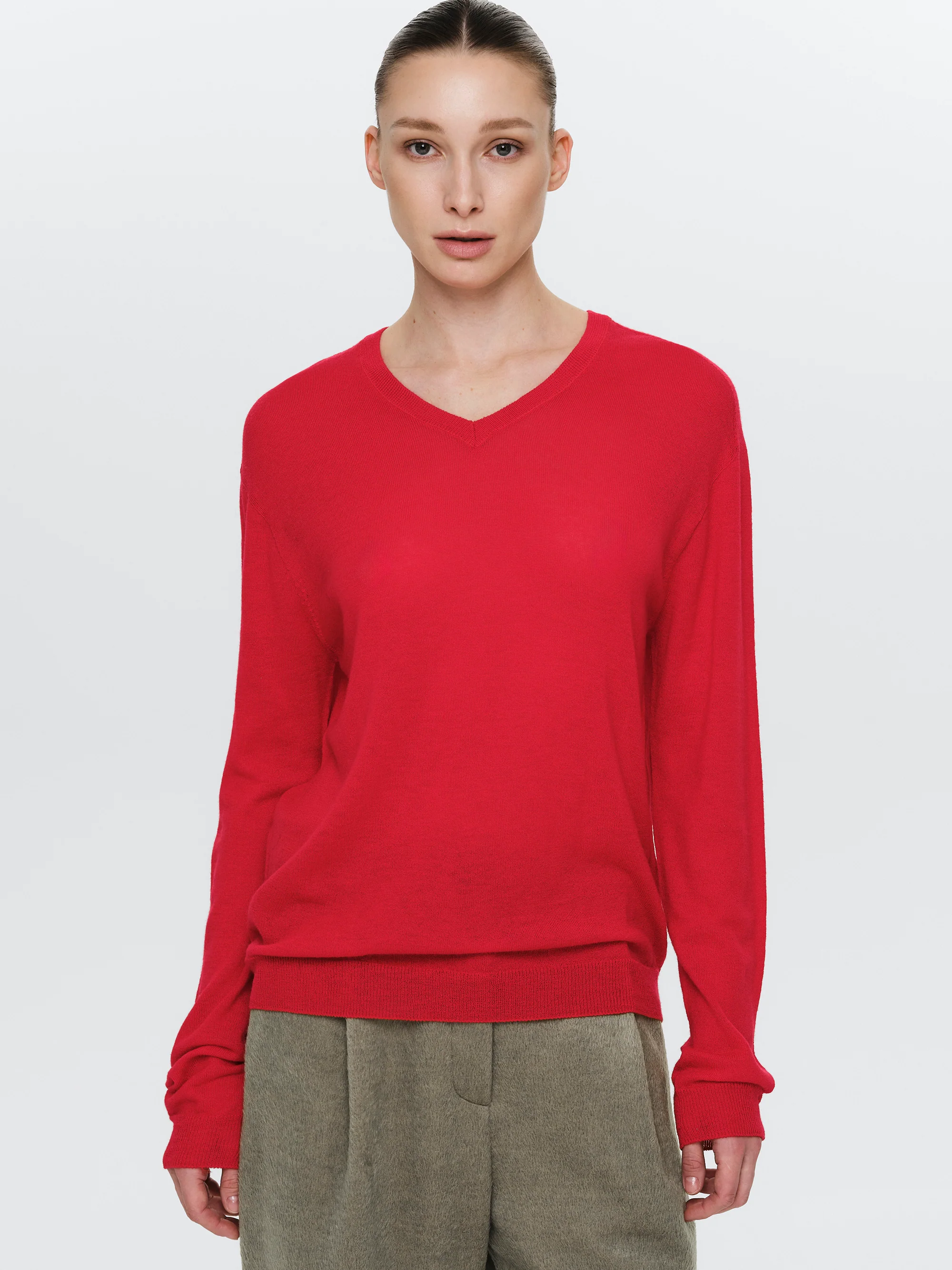 Merino Wool V-Neck Knit, Red