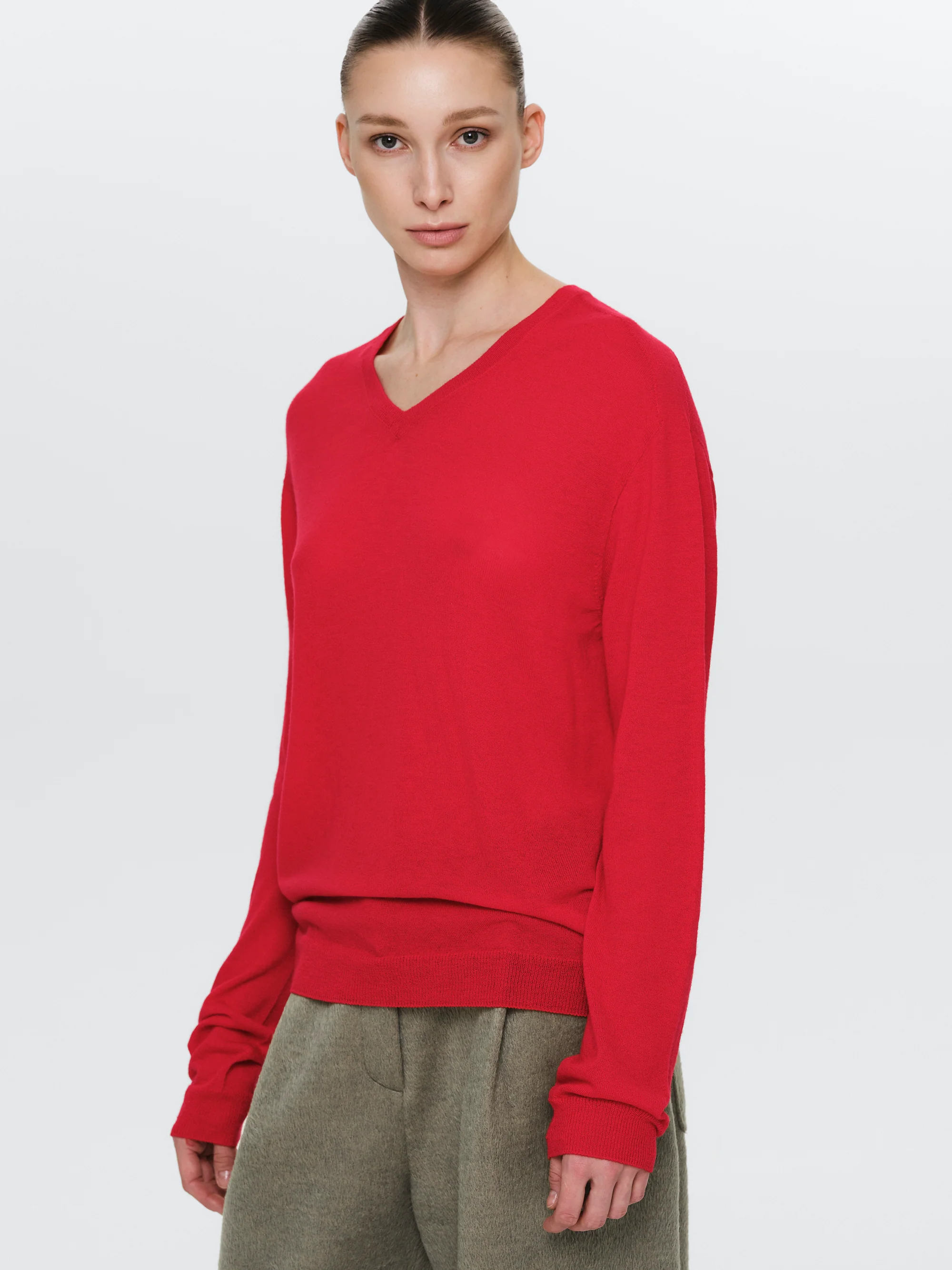 Merino Wool V-Neck Knit, Red - Image 2