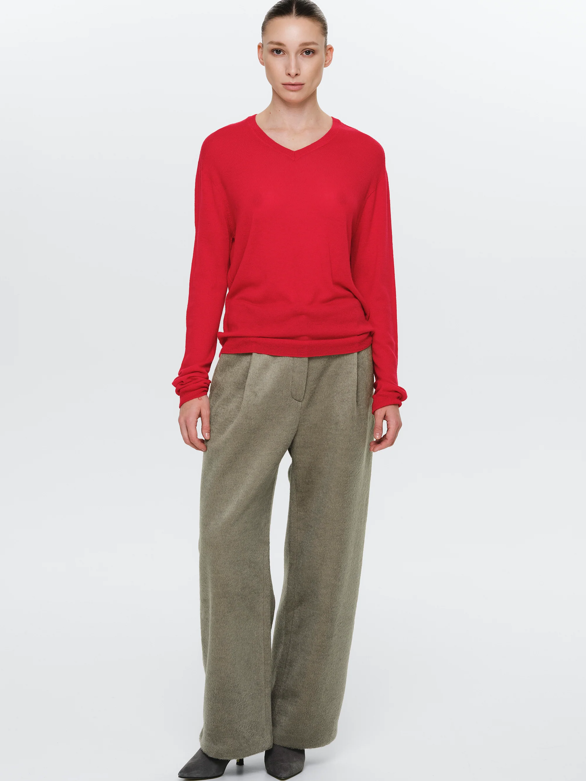 Merino Wool V-Neck Knit, Red - Image 3