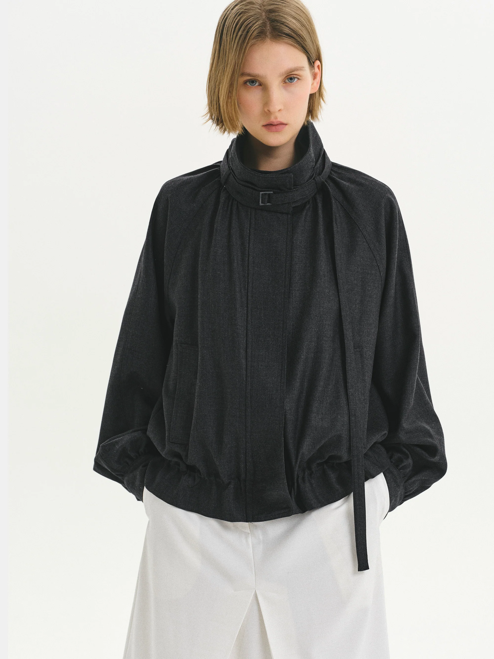 Mock-Neck Bomber Jacket, Charcoal
