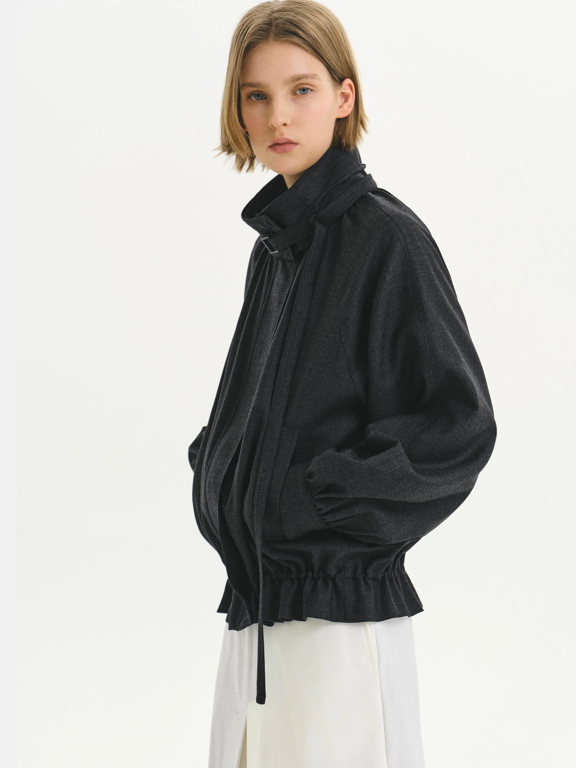 Mock-Neck Bomber Jacket, Charcoal - Image 2