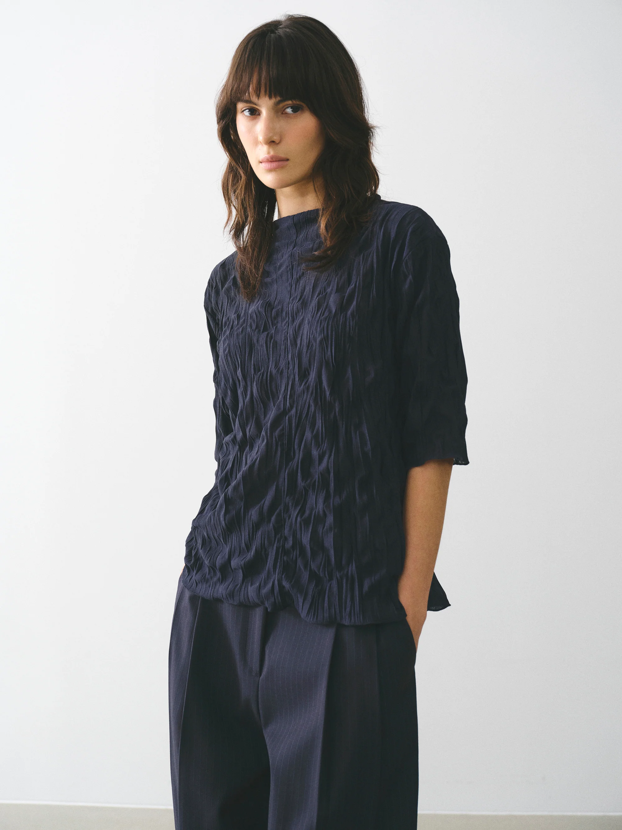 Creased Gauze Top, Navy