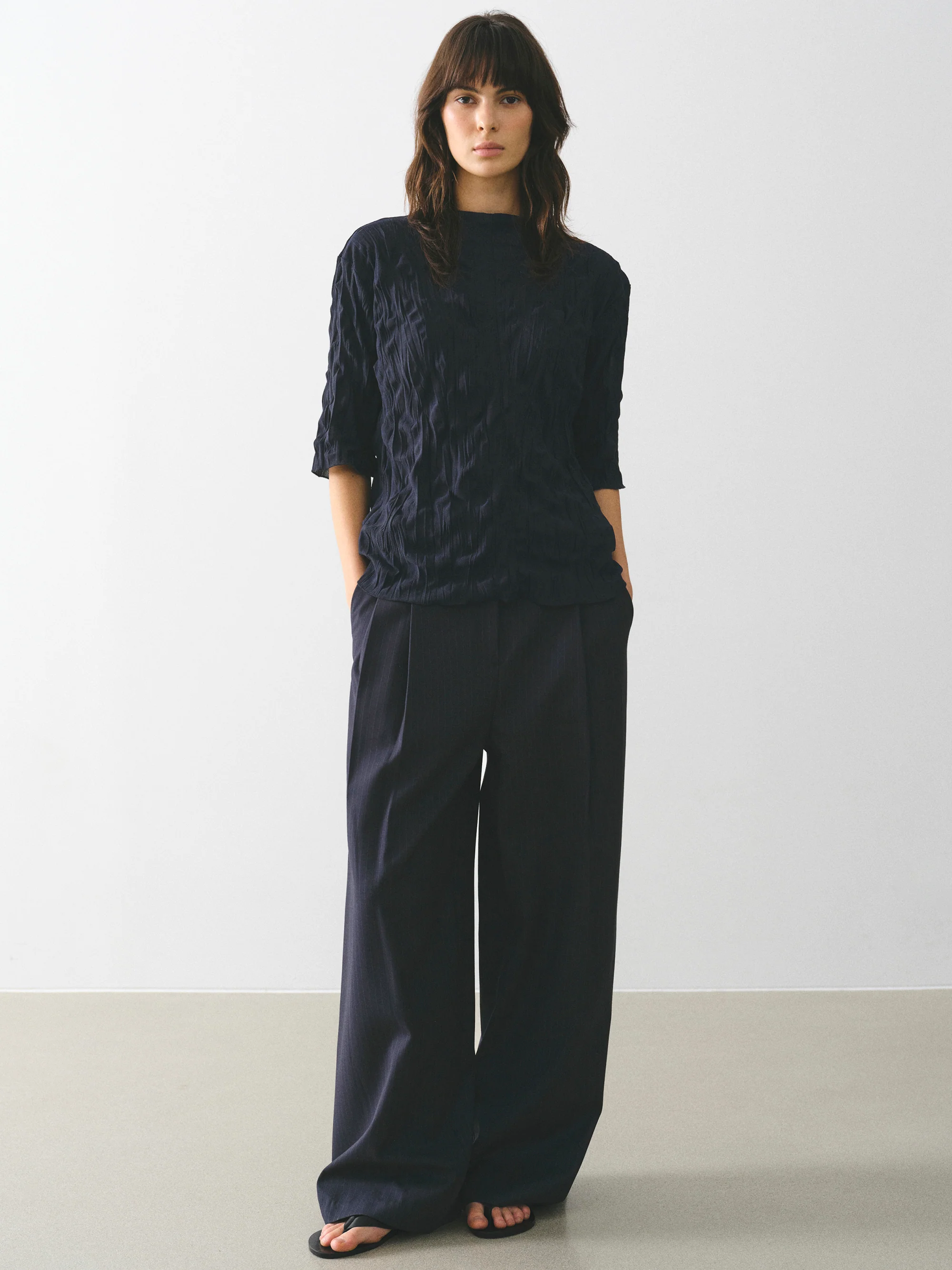 Creased Gauze Top, Navy - Image 2