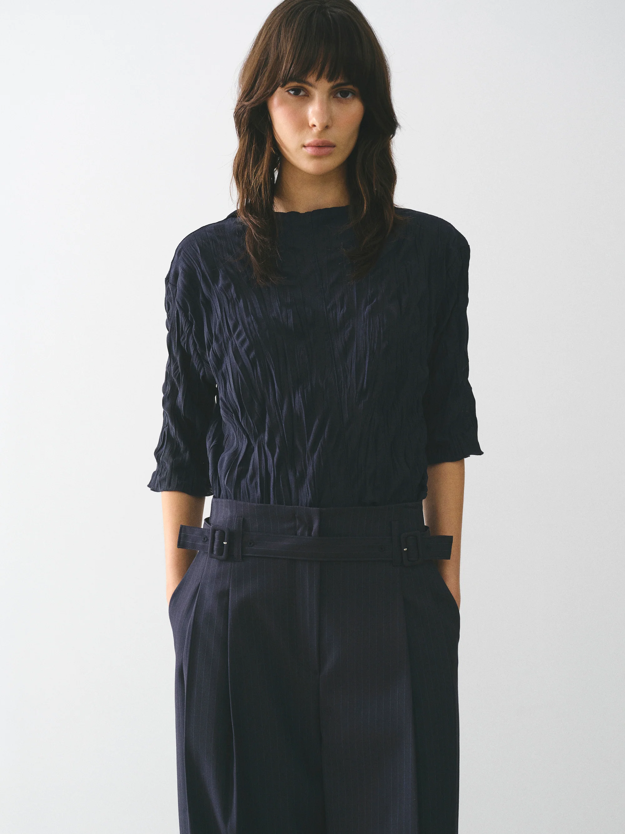 Creased Gauze Top, Navy - Image 3