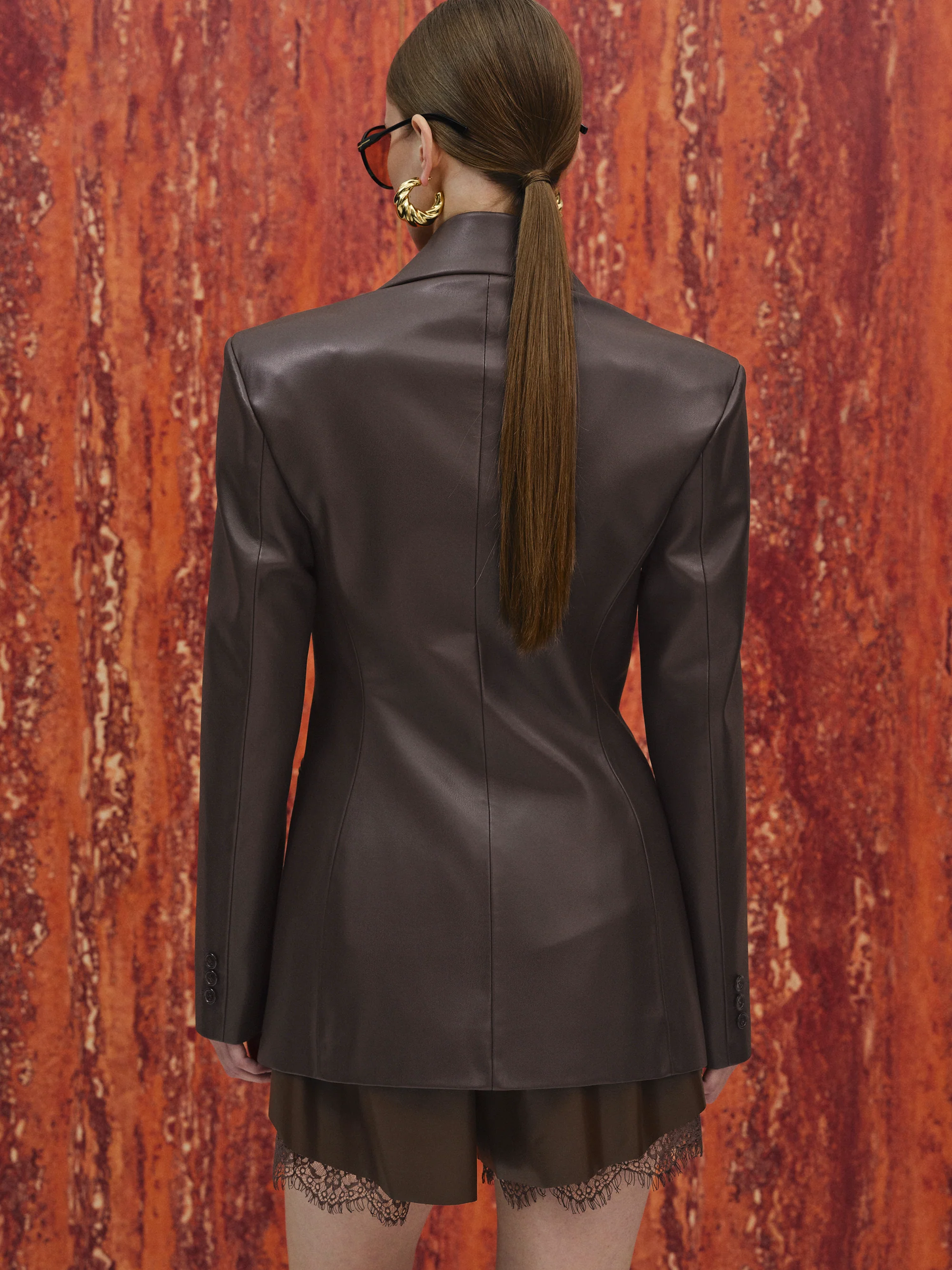 Nangy Faux-Leather Cinched Blazer, Brown - Image 6