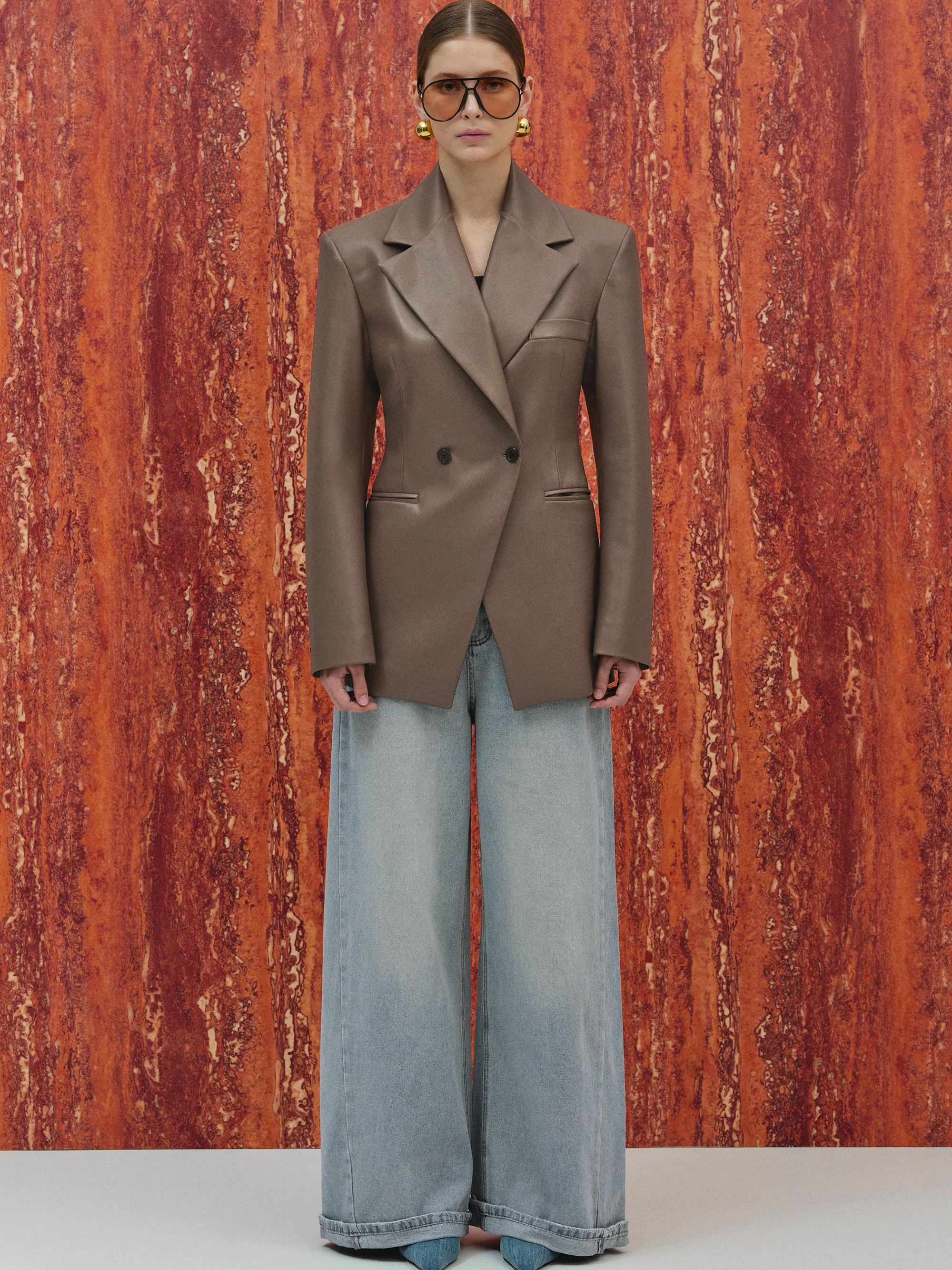 Nangy Faux-Leather Cinched Blazer, Tan - Image 3
