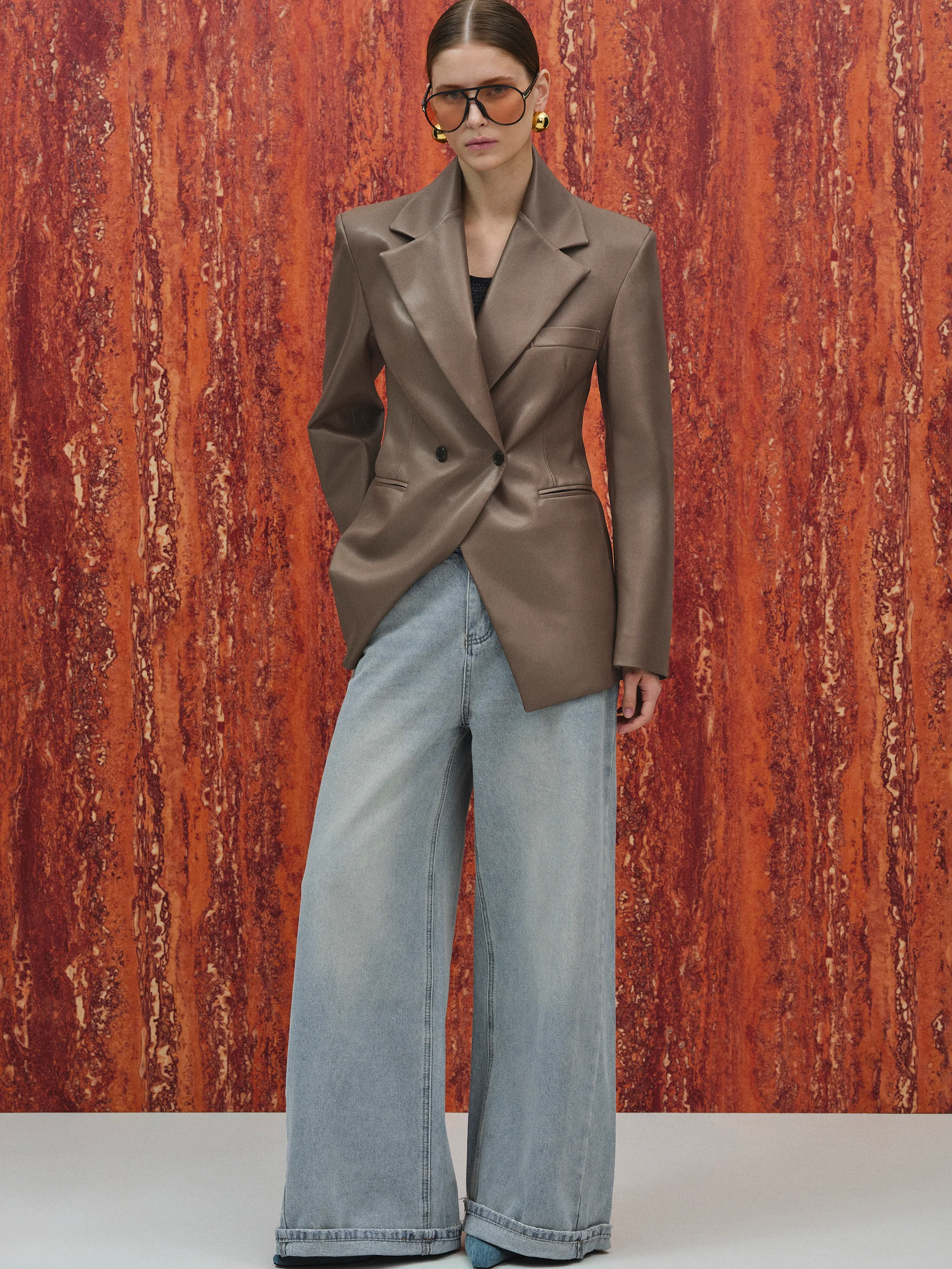 Nangy Faux-Leather Cinched Blazer, Tan - Image 5