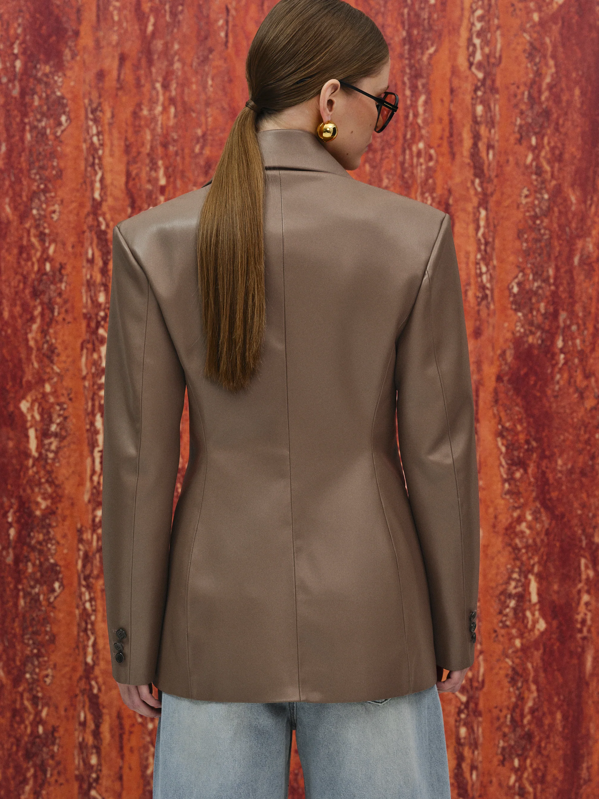 Nangy Faux-Leather Cinched Blazer, Tan - Image 6