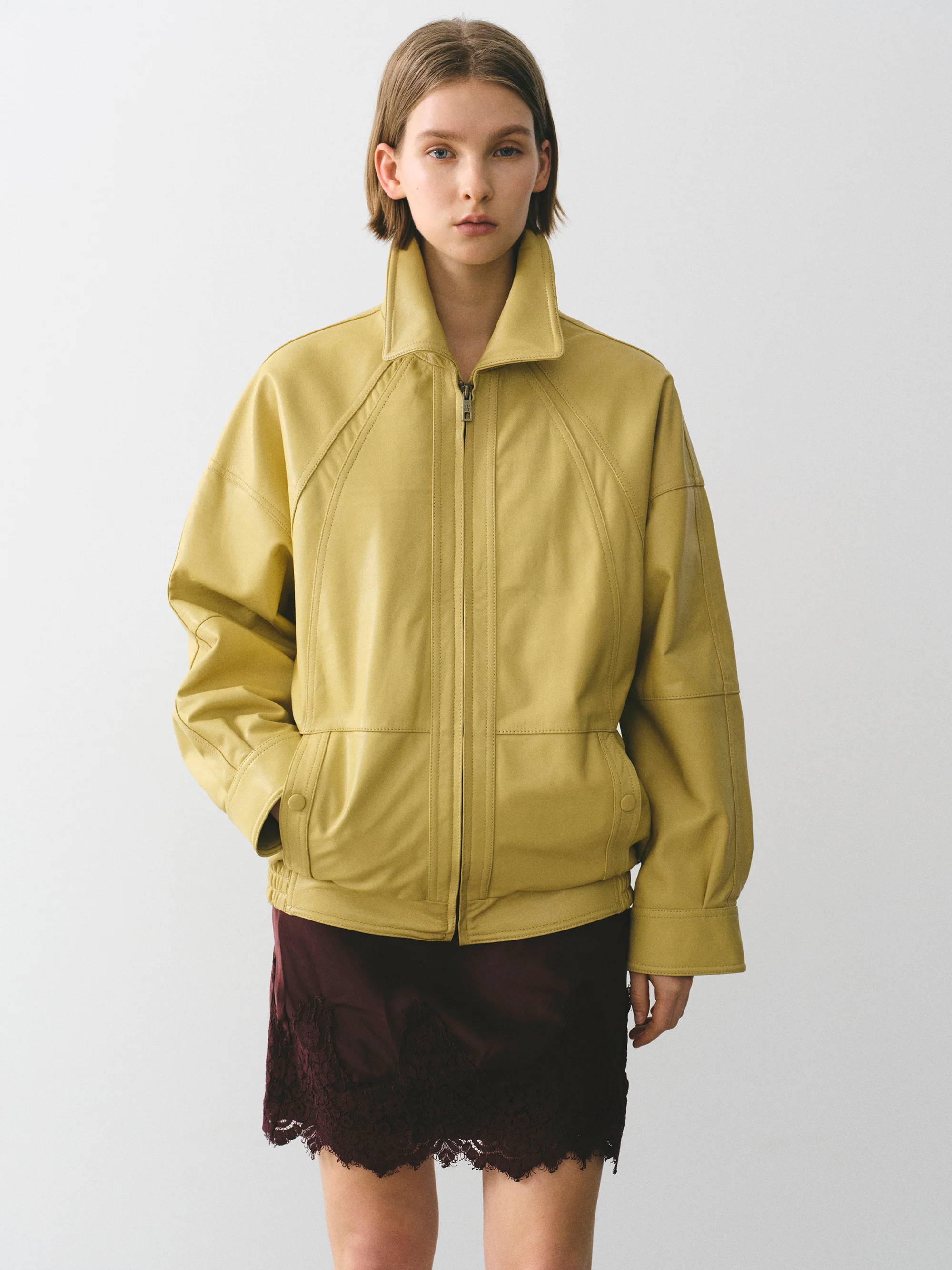 Nappa Leather Zip Jacket, Yellow