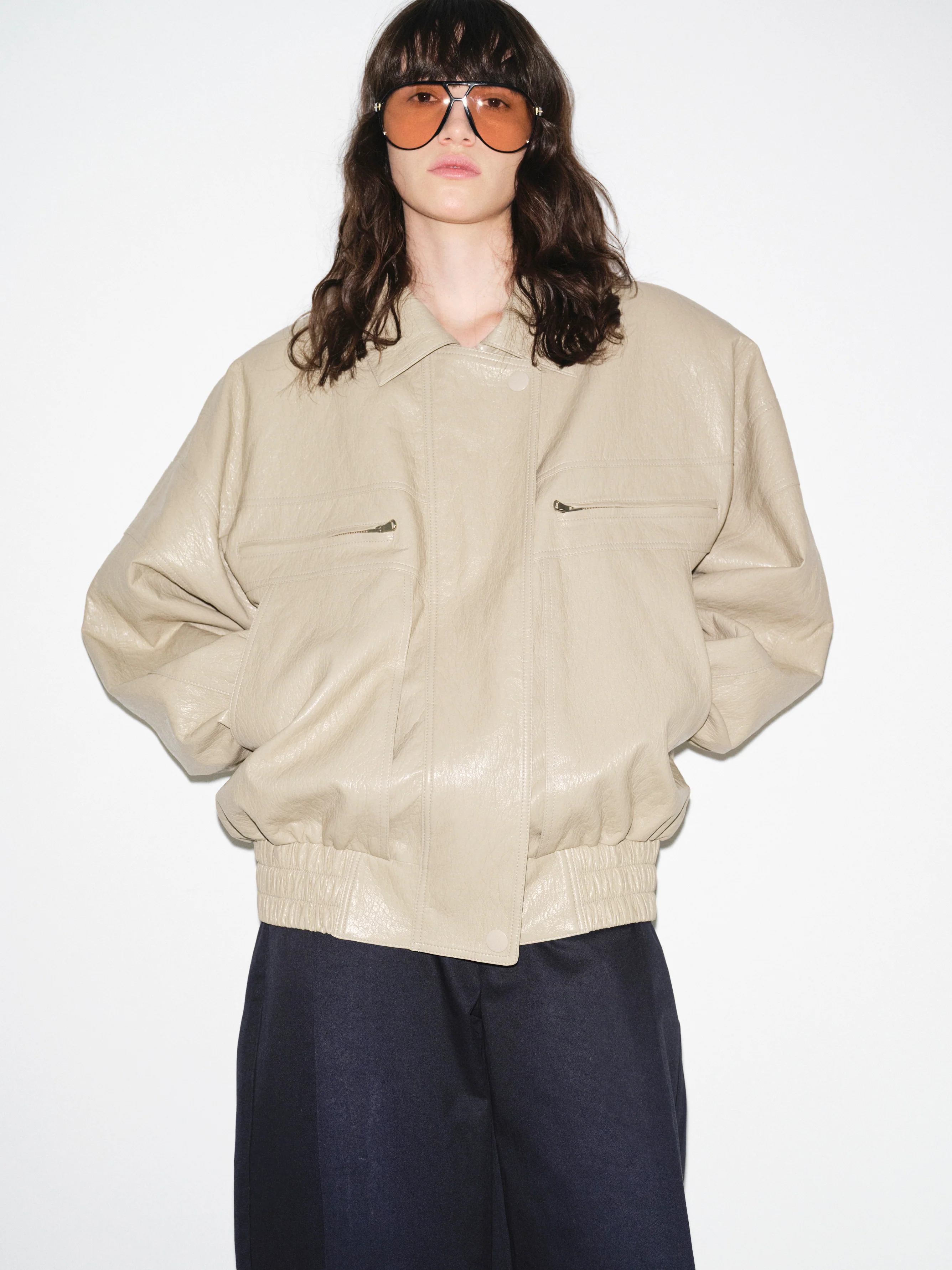 Noler Boxy Faux-Leather Bomber Jacket, Beige