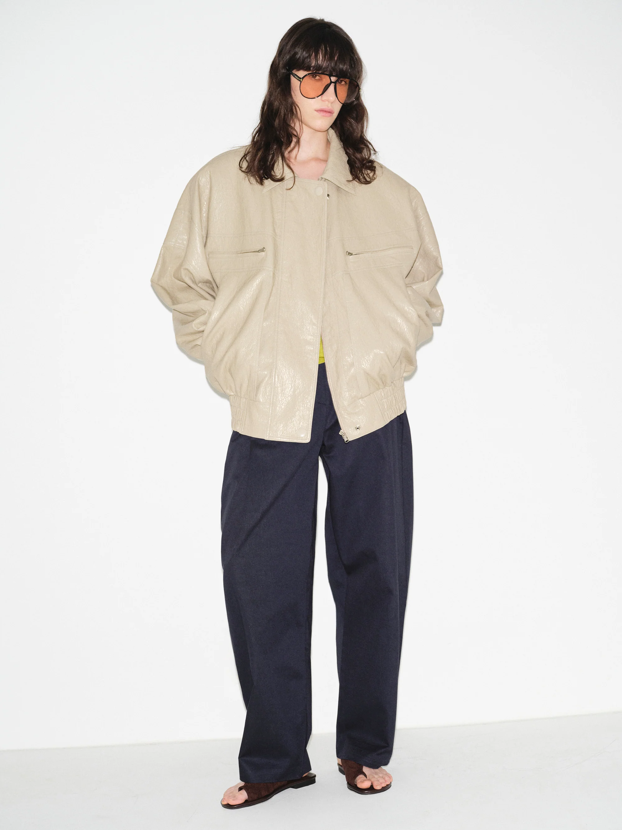 Noler Boxy Faux-Leather Bomber Jacket, Beige - Image 2