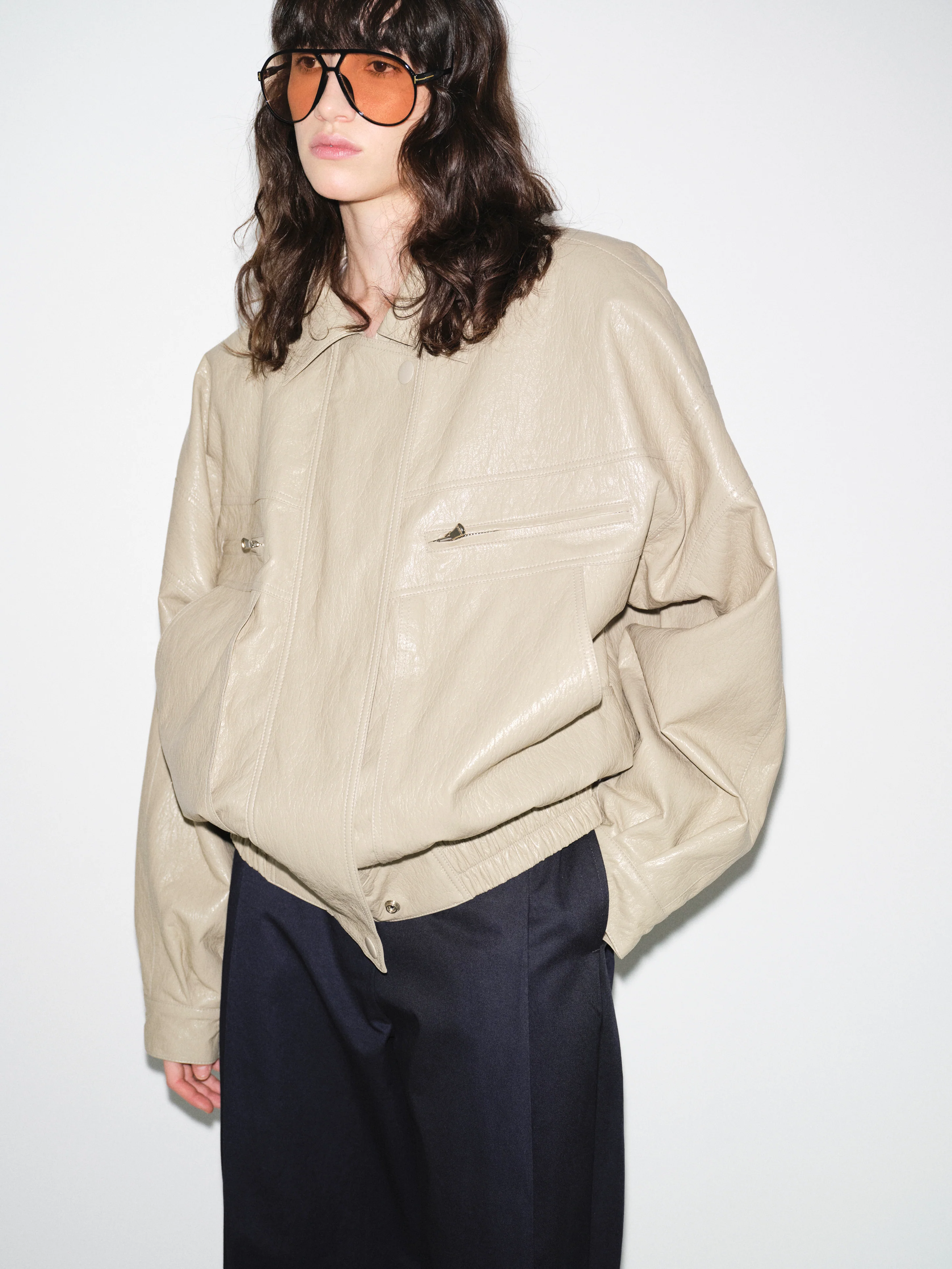 Noler Boxy Faux-Leather Bomber Jacket, Beige - Image 3