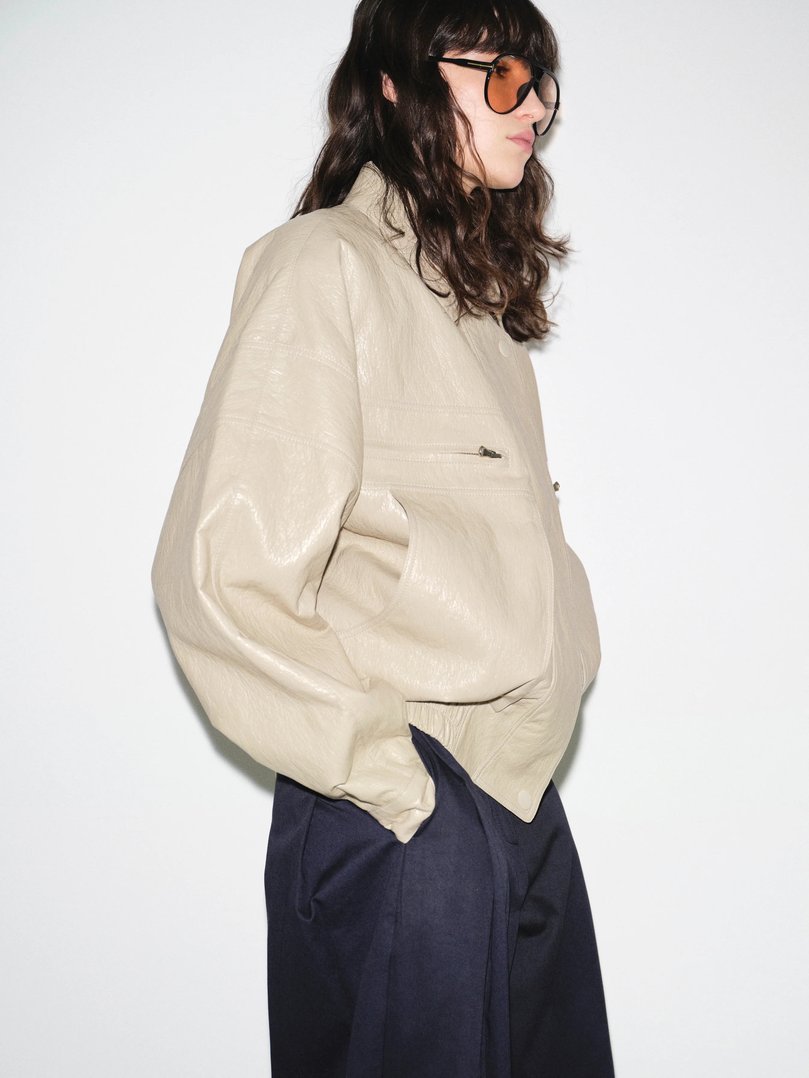 Noler Boxy Faux-Leather Bomber Jacket, Beige - Image 4