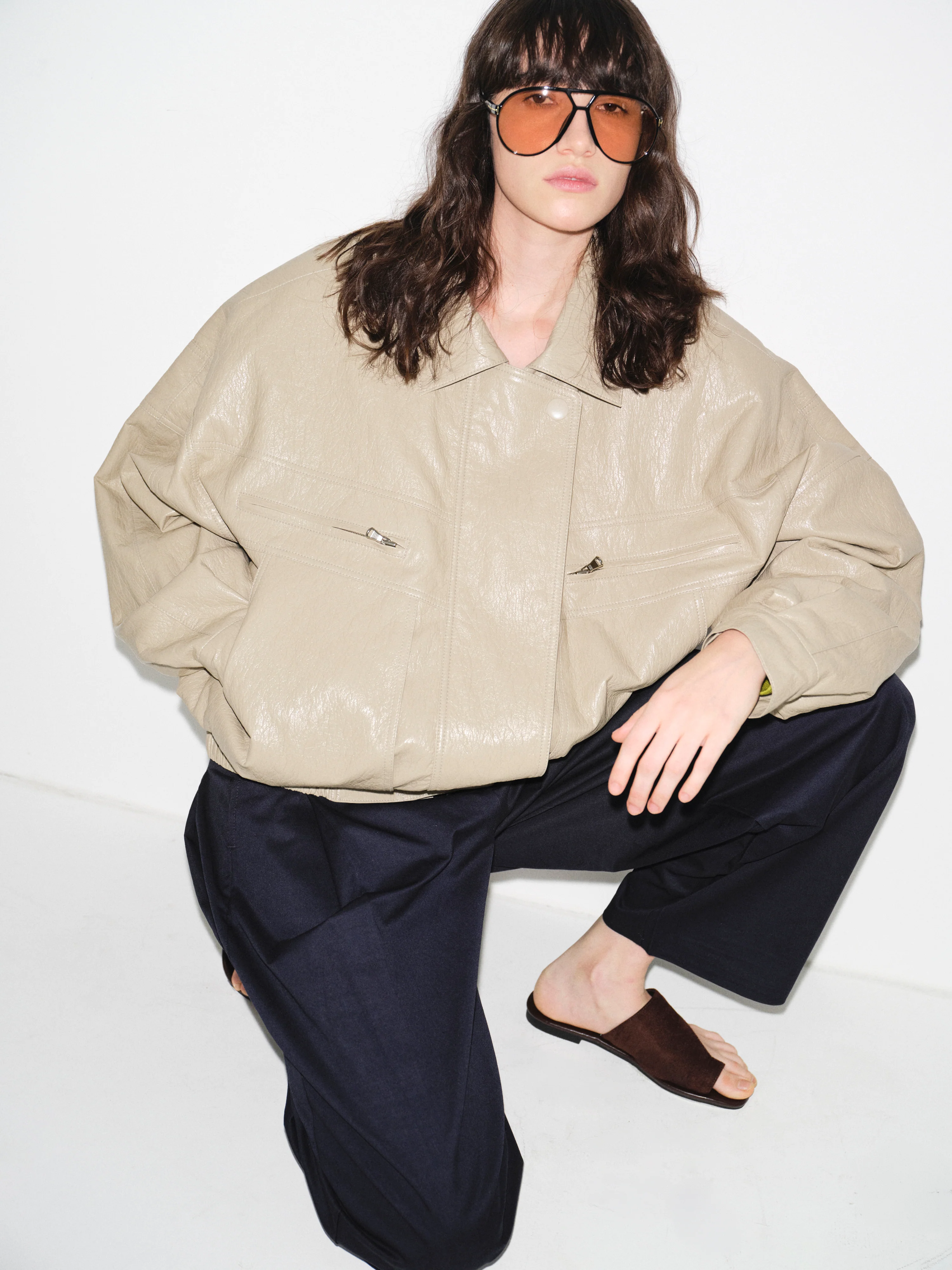 Noler Boxy Faux-Leather Bomber Jacket, Beige - Image 5