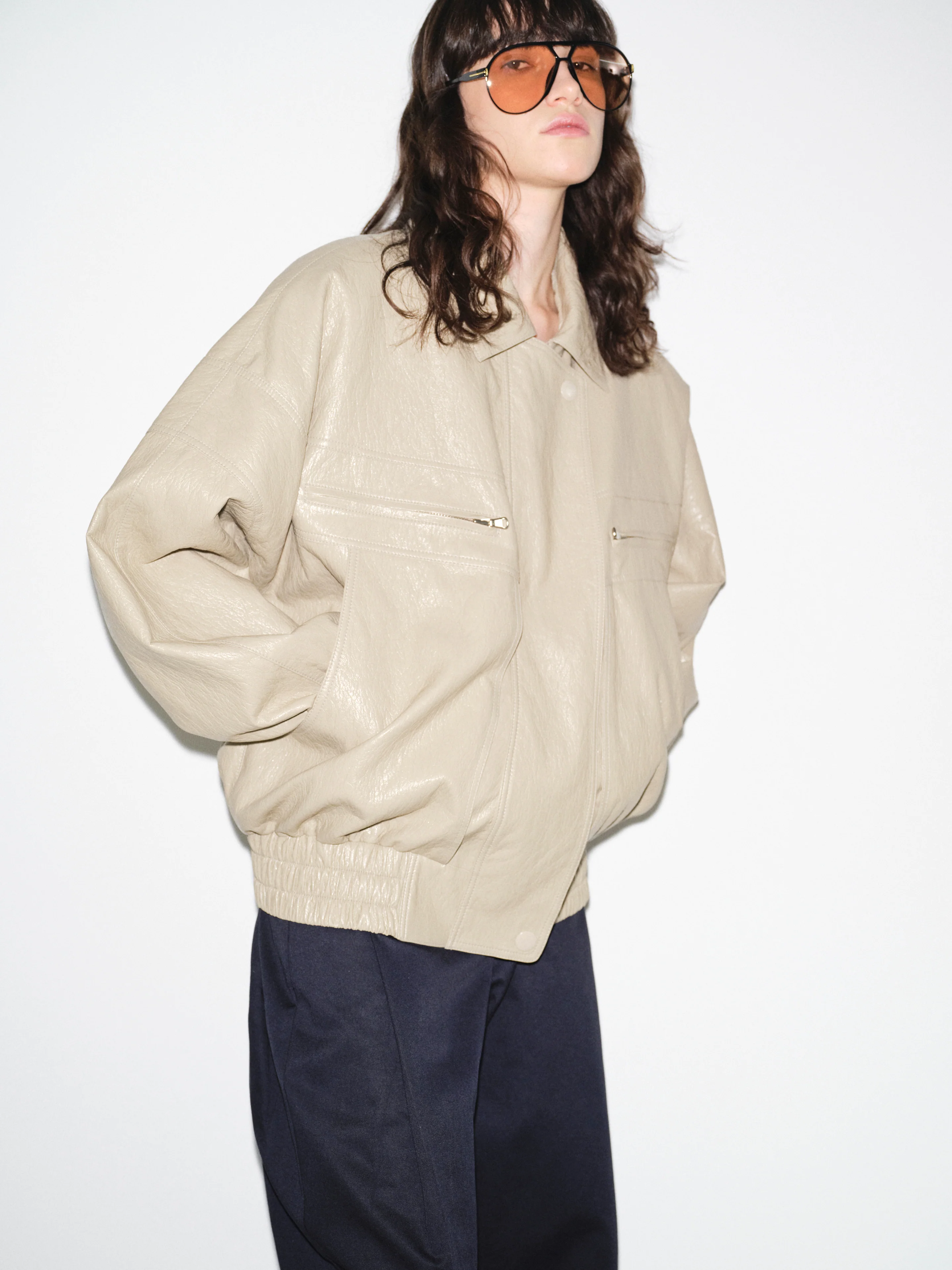 Noler Boxy Faux-Leather Bomber Jacket, Beige - Image 6