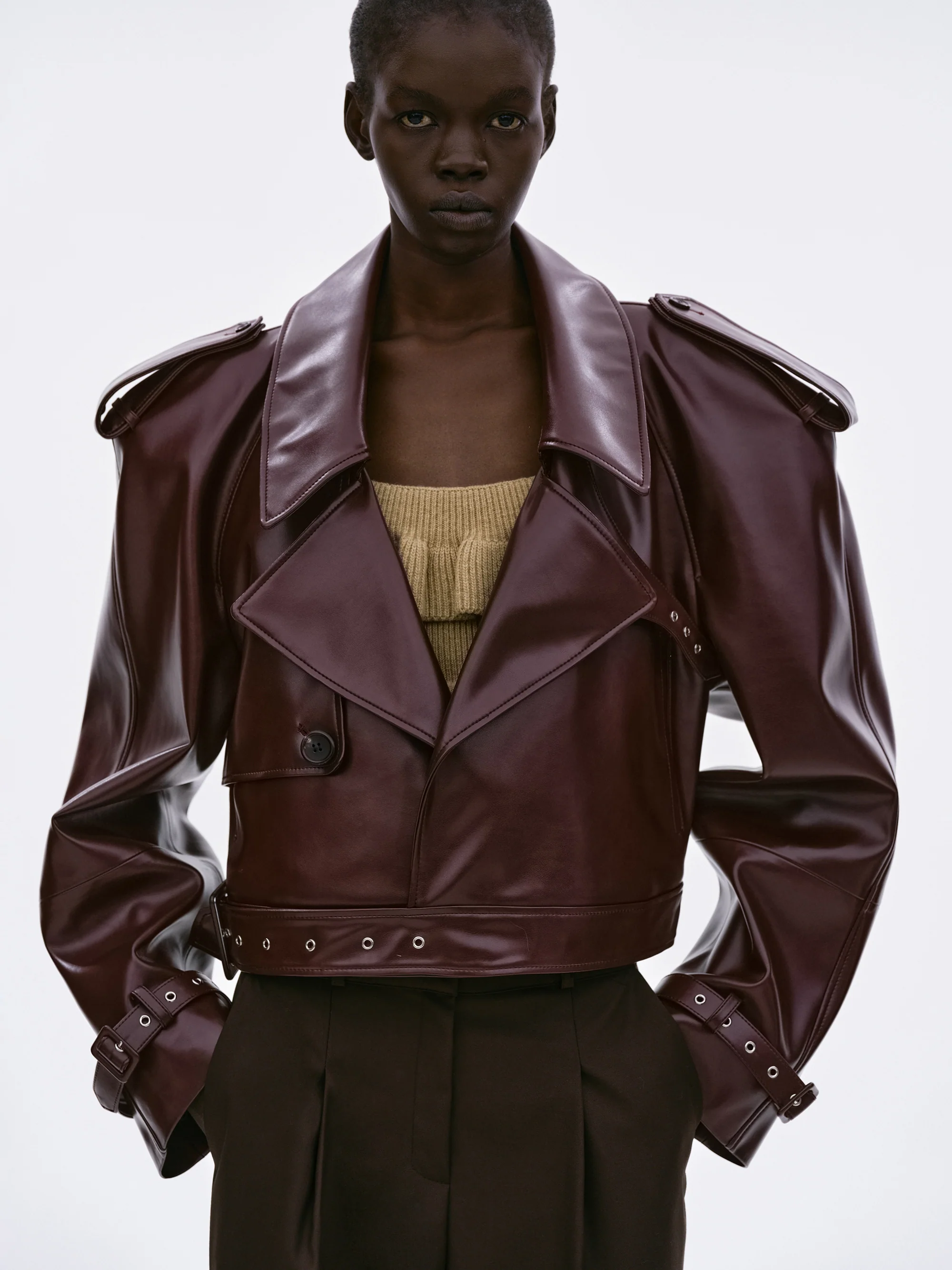 Notan Buckled Faux-Leather Cropped Jacket, Burgundy
