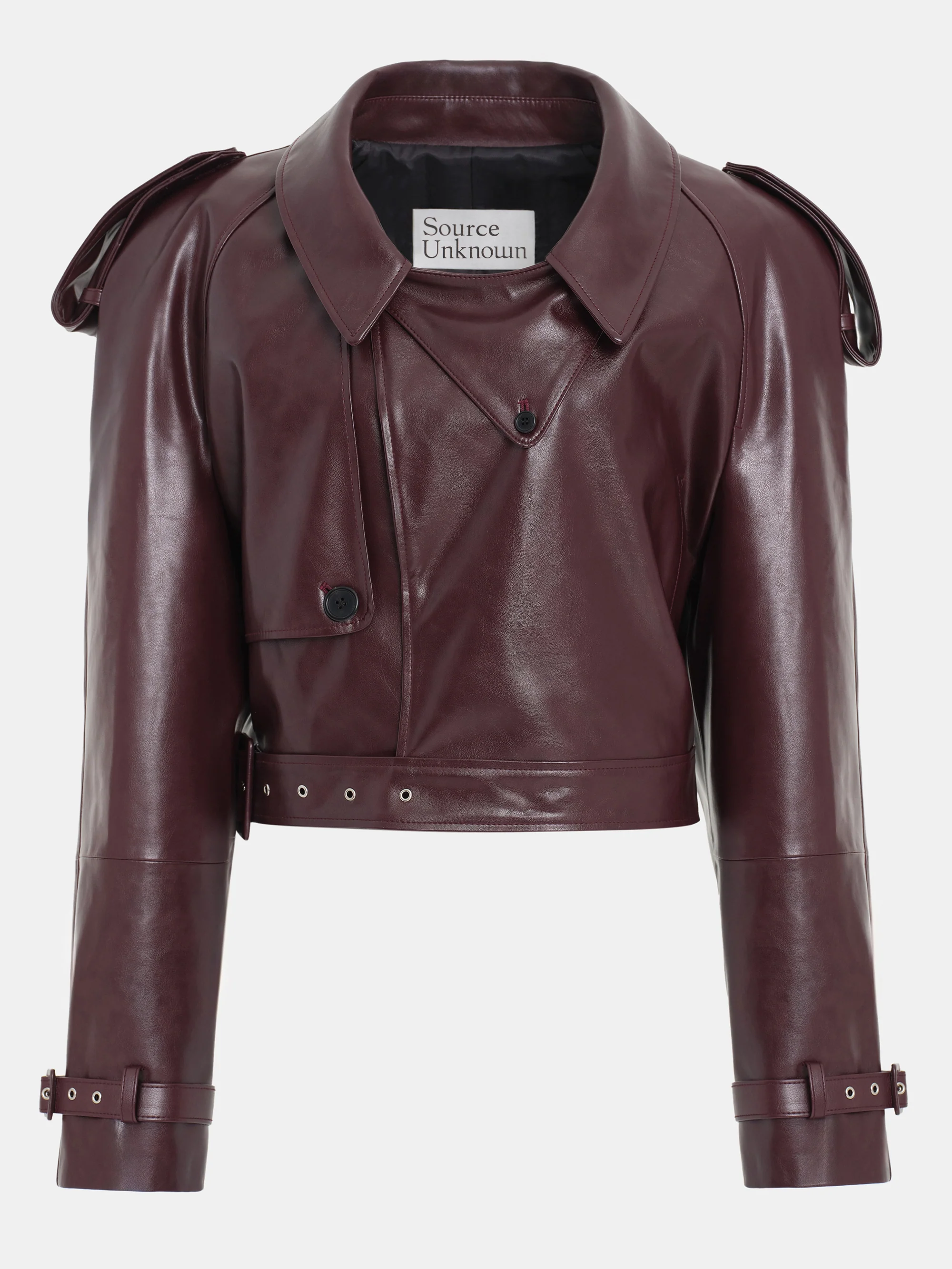 Notan Buckled Faux-Leather Cropped Jacket, Burgundy - Image 2