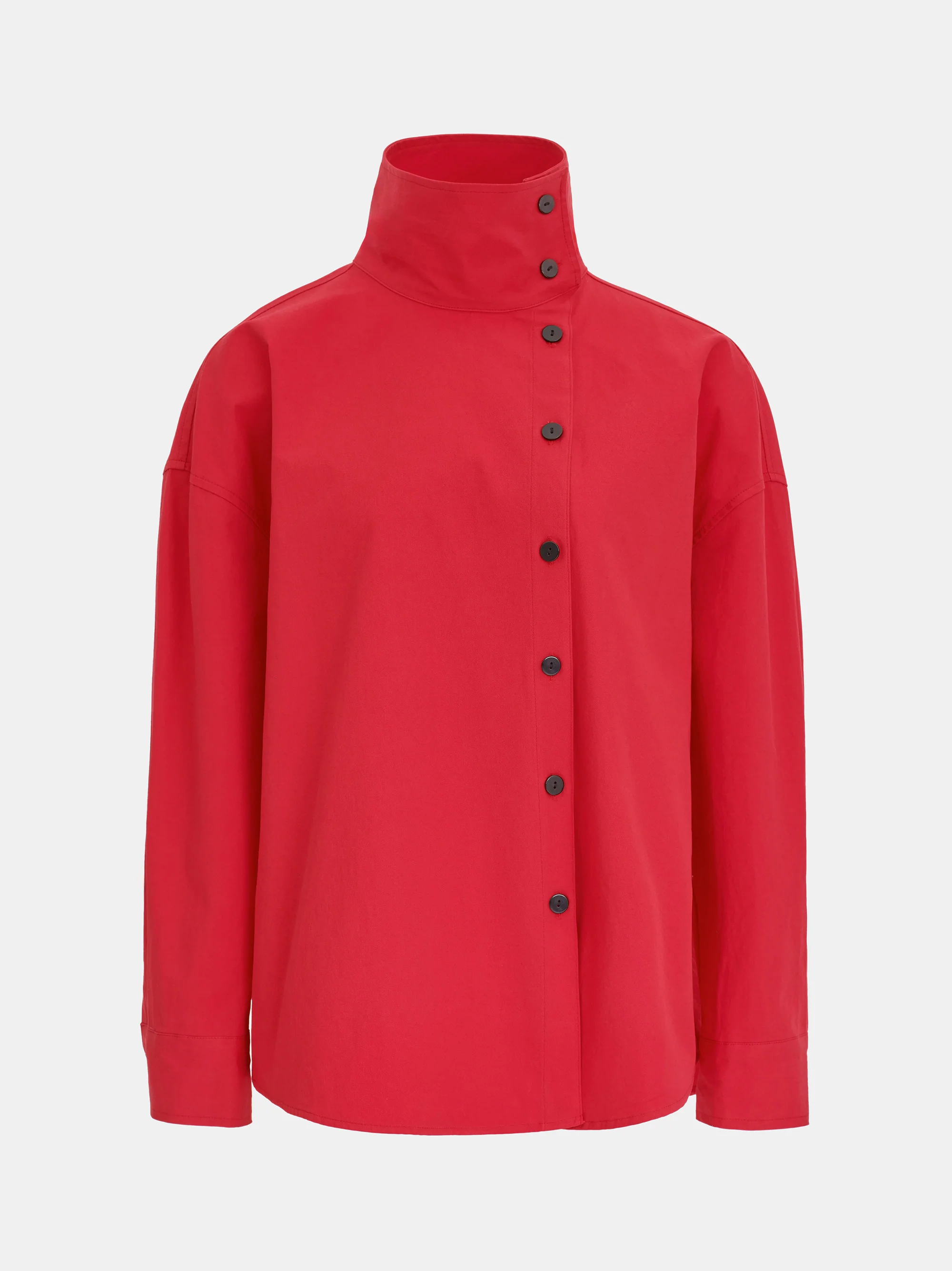 Offset Button Funnel-Neck Shirt, Red - Image 5