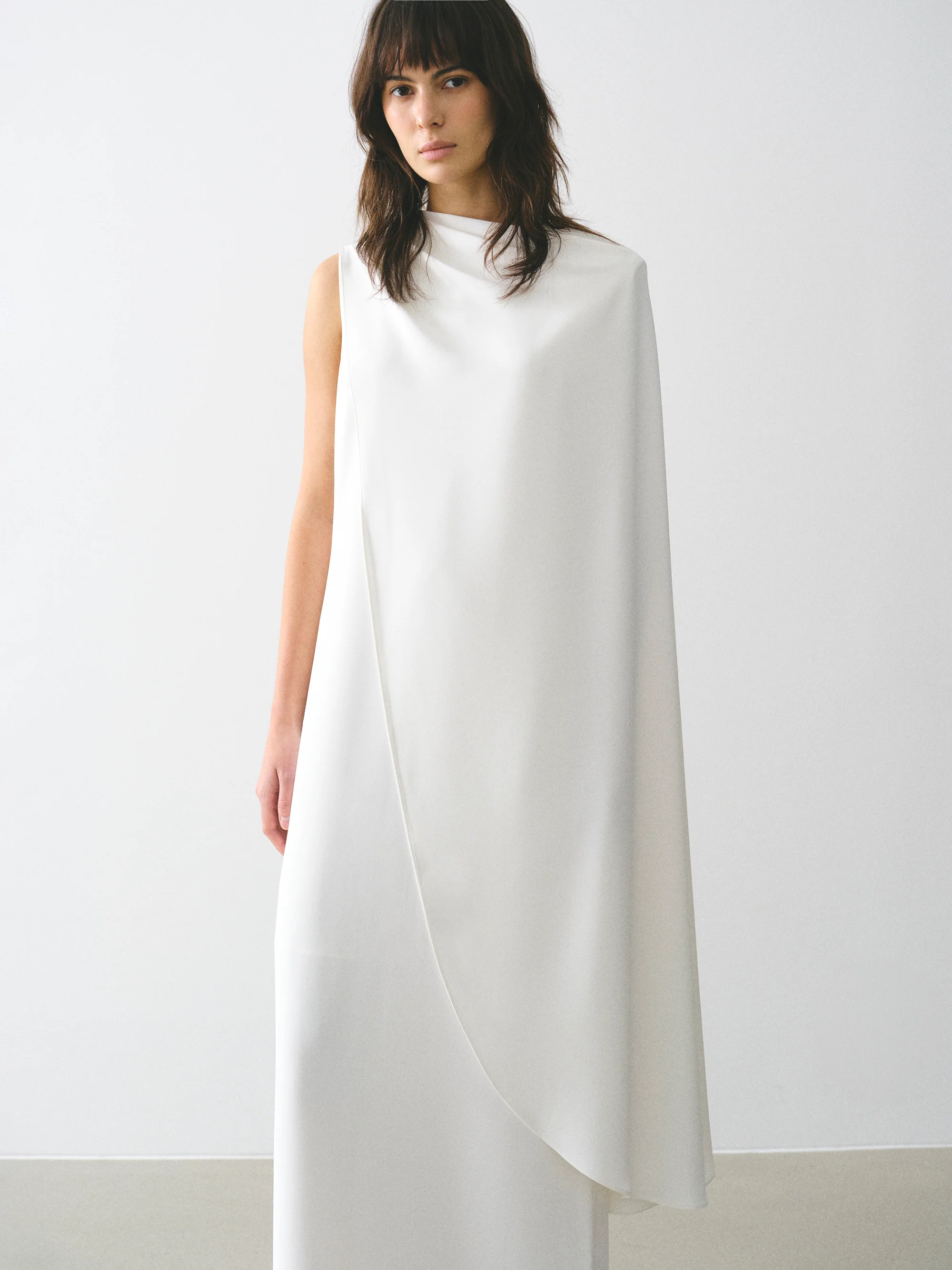 One-Shoulder Draped Dress, White - Image 3