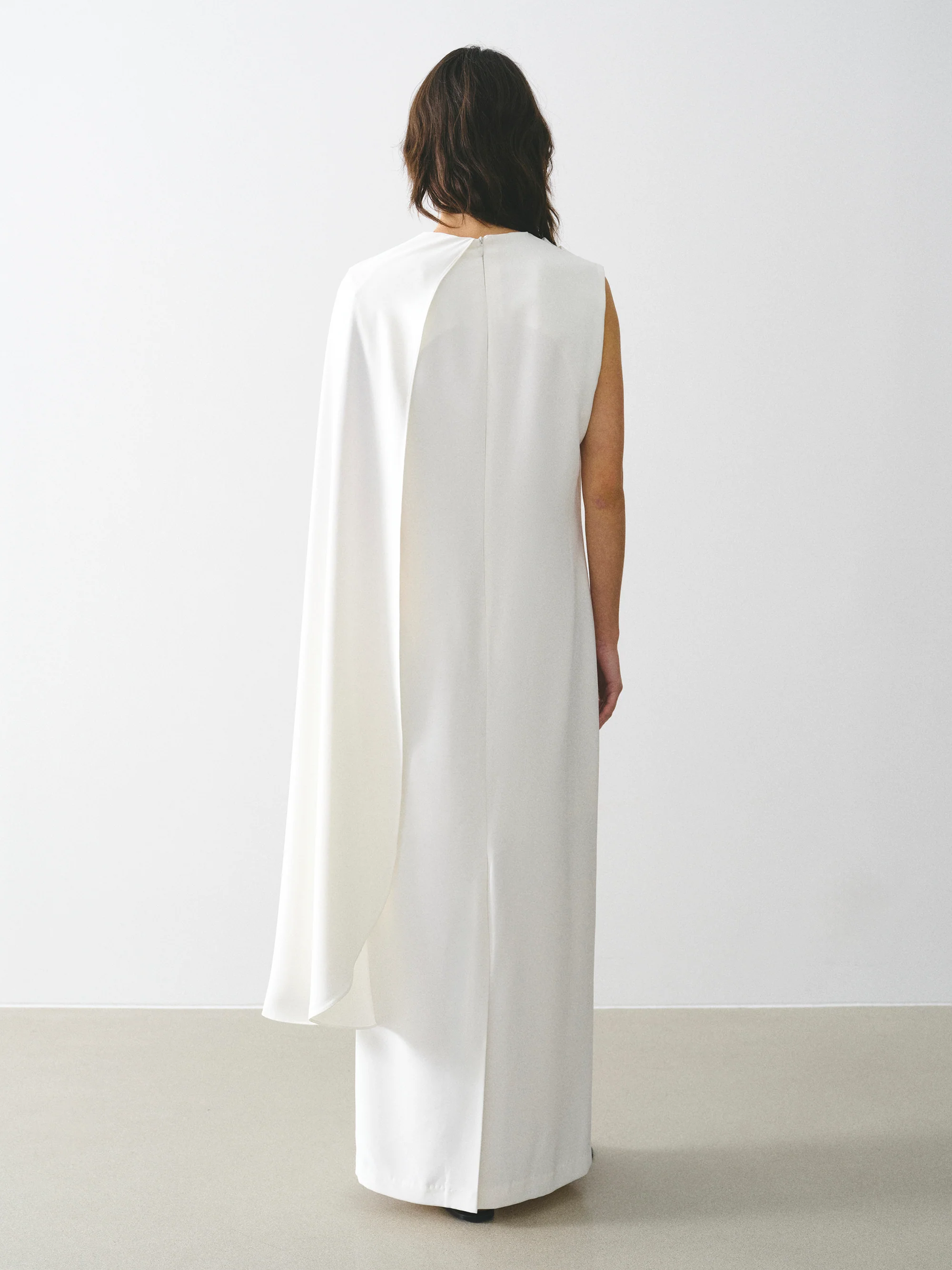 One-Shoulder Draped Dress, White - Image 4