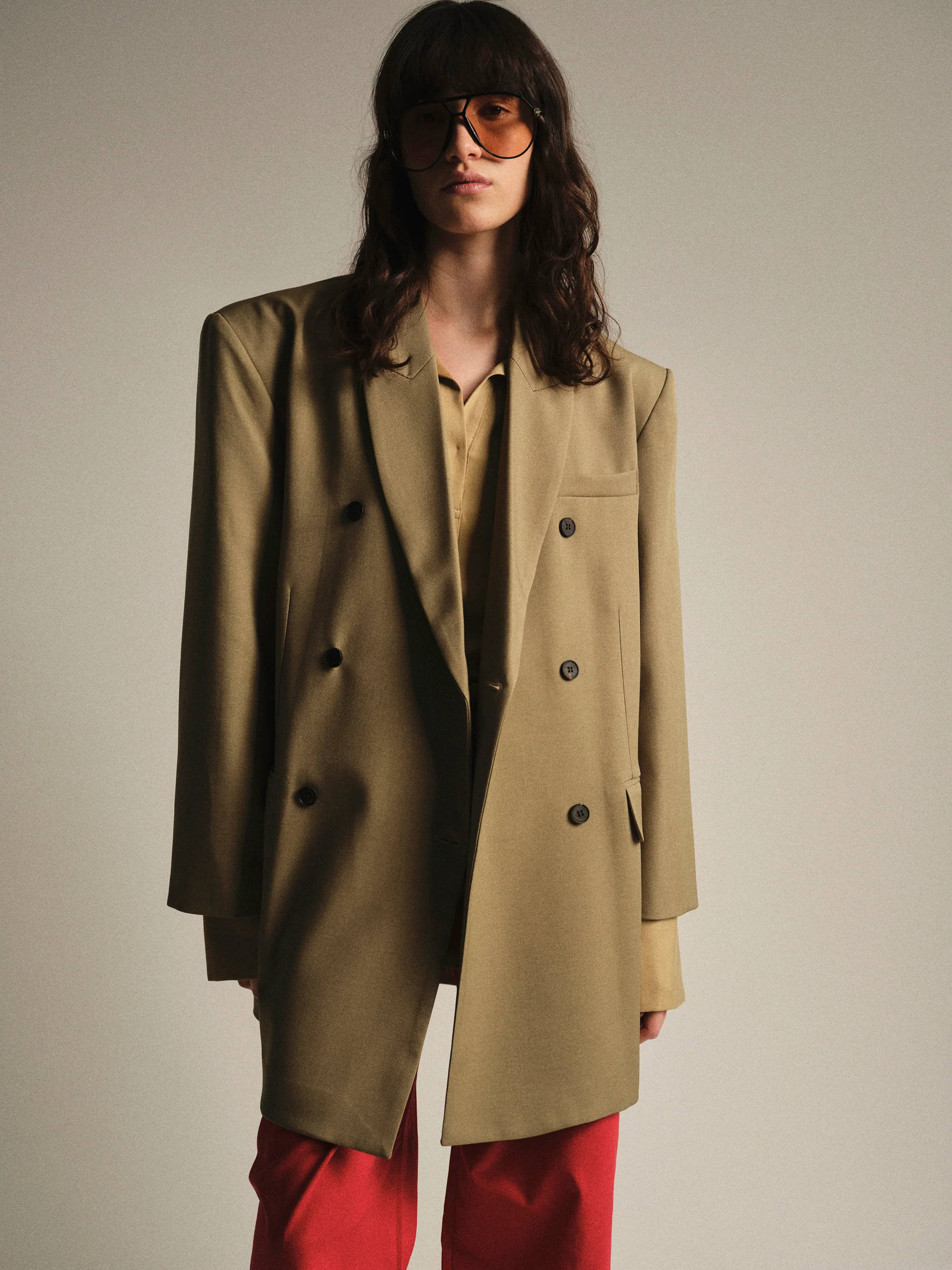 Oversized Double Breasted Blazer, Beige - Image 2