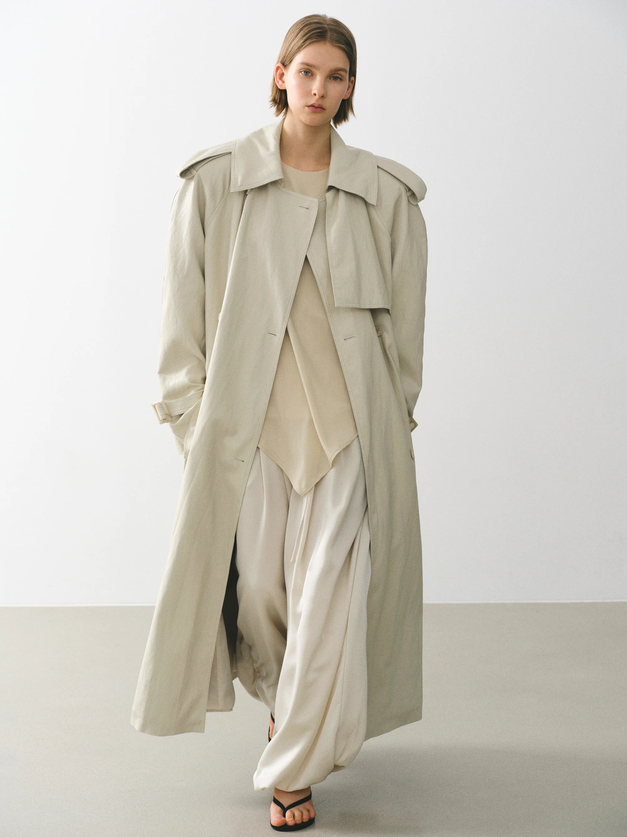 Oversized Faux-Leather Trench Coat, Beige