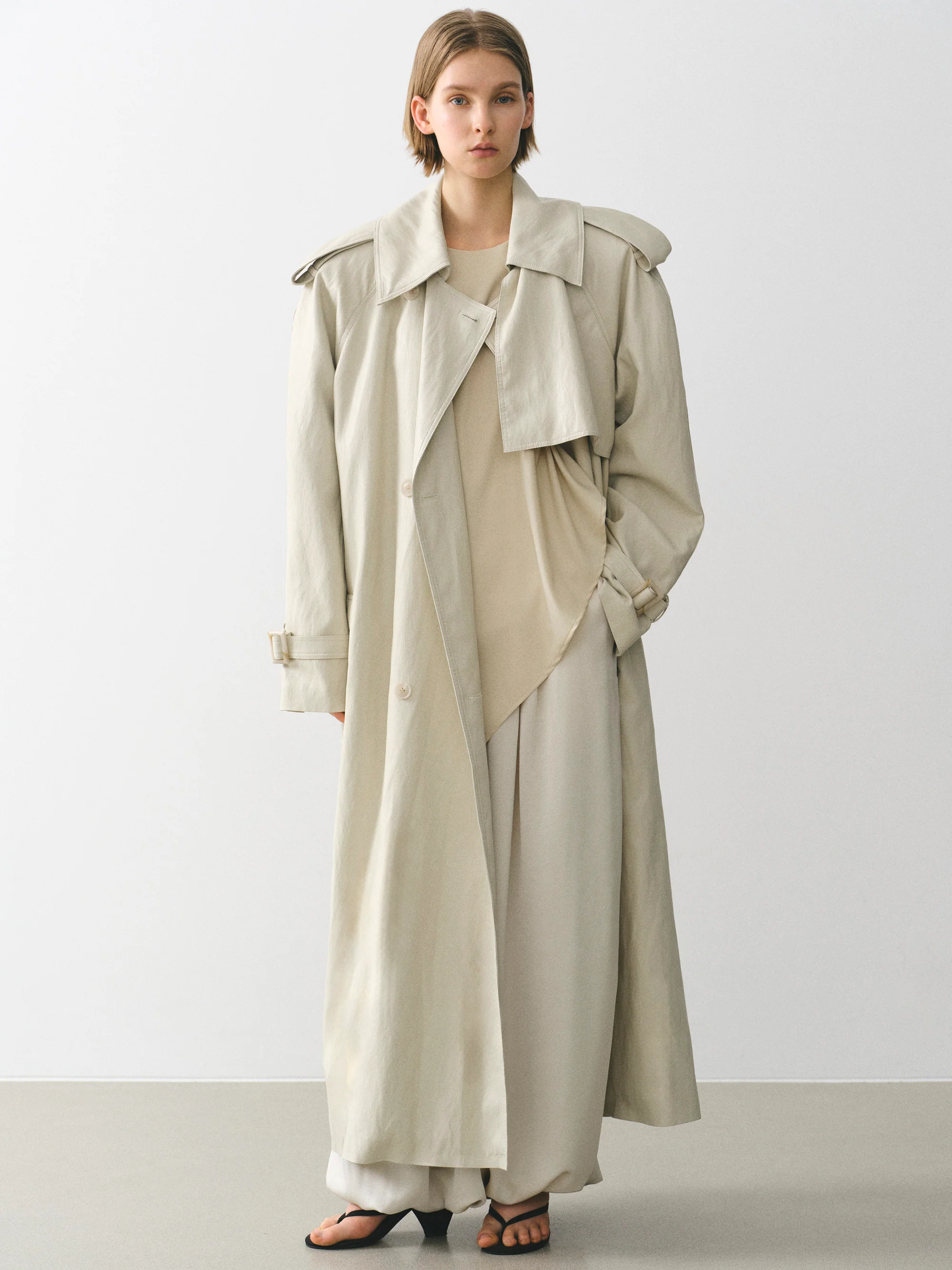 Oversized Faux-Leather Trench Coat, Beige - Image 3