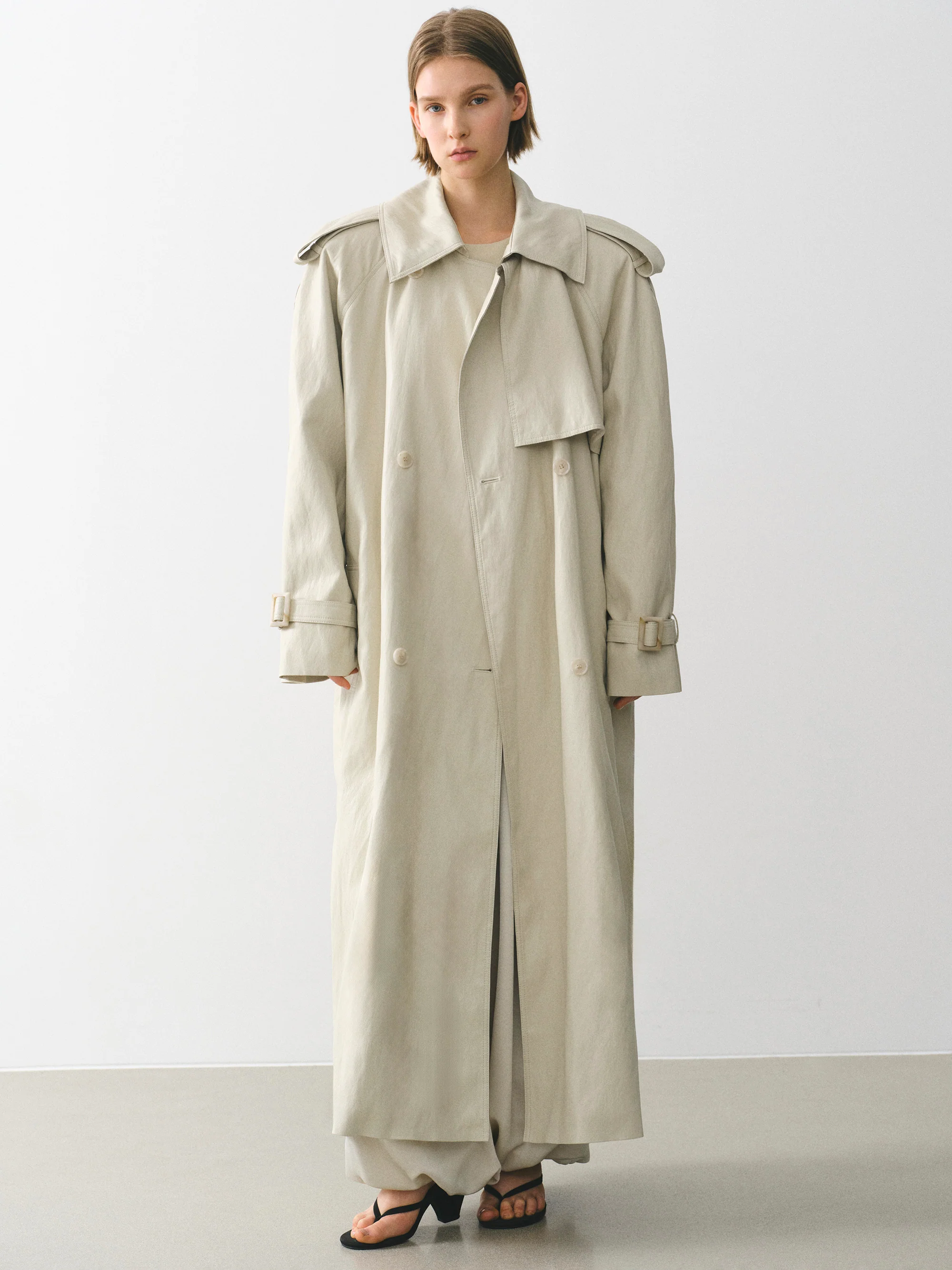 Oversized Faux-Leather Trench Coat, Beige - Image 4