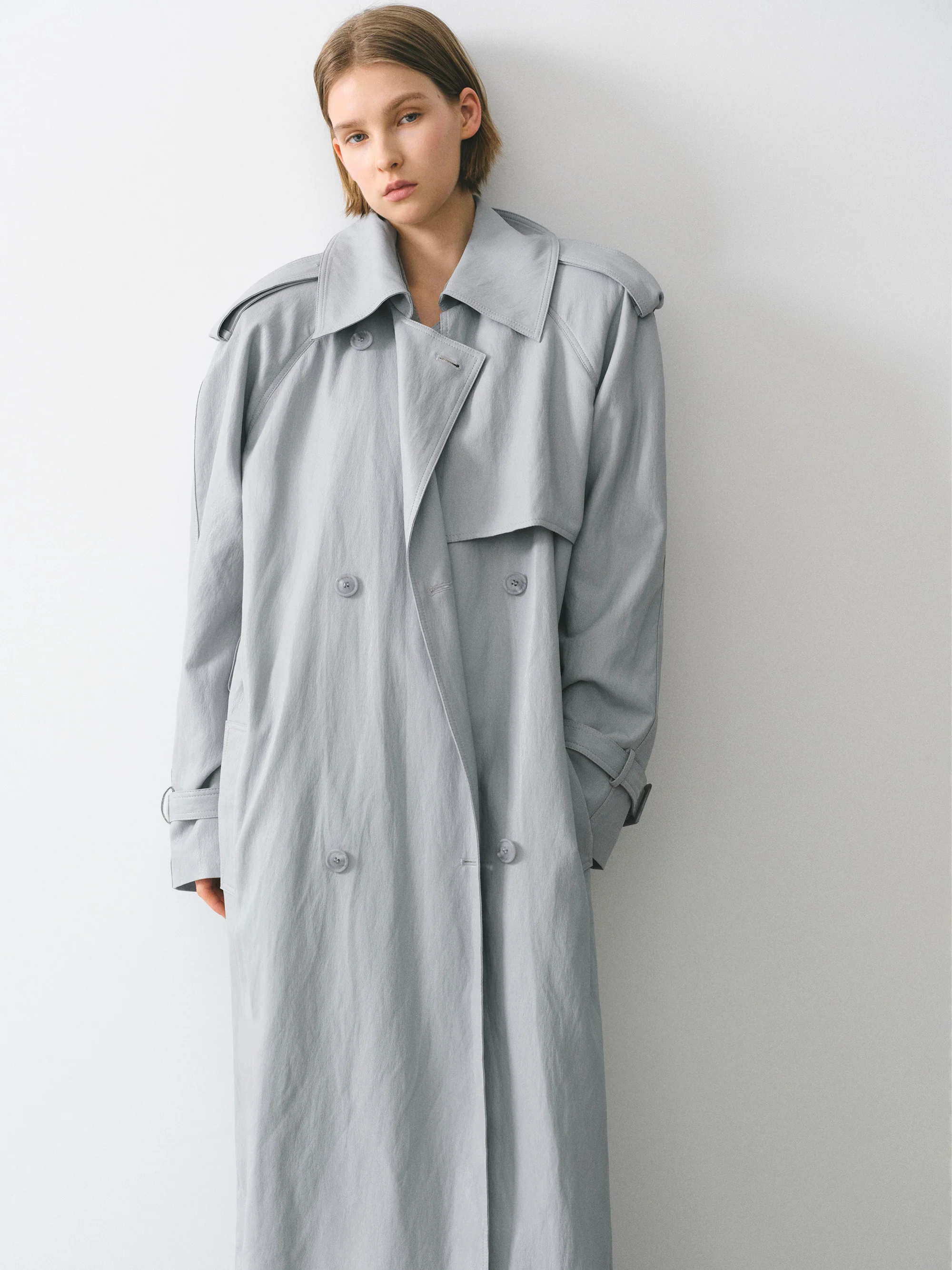Oversized Faux-Leather Trench Coat, Pale Blue - Image 2