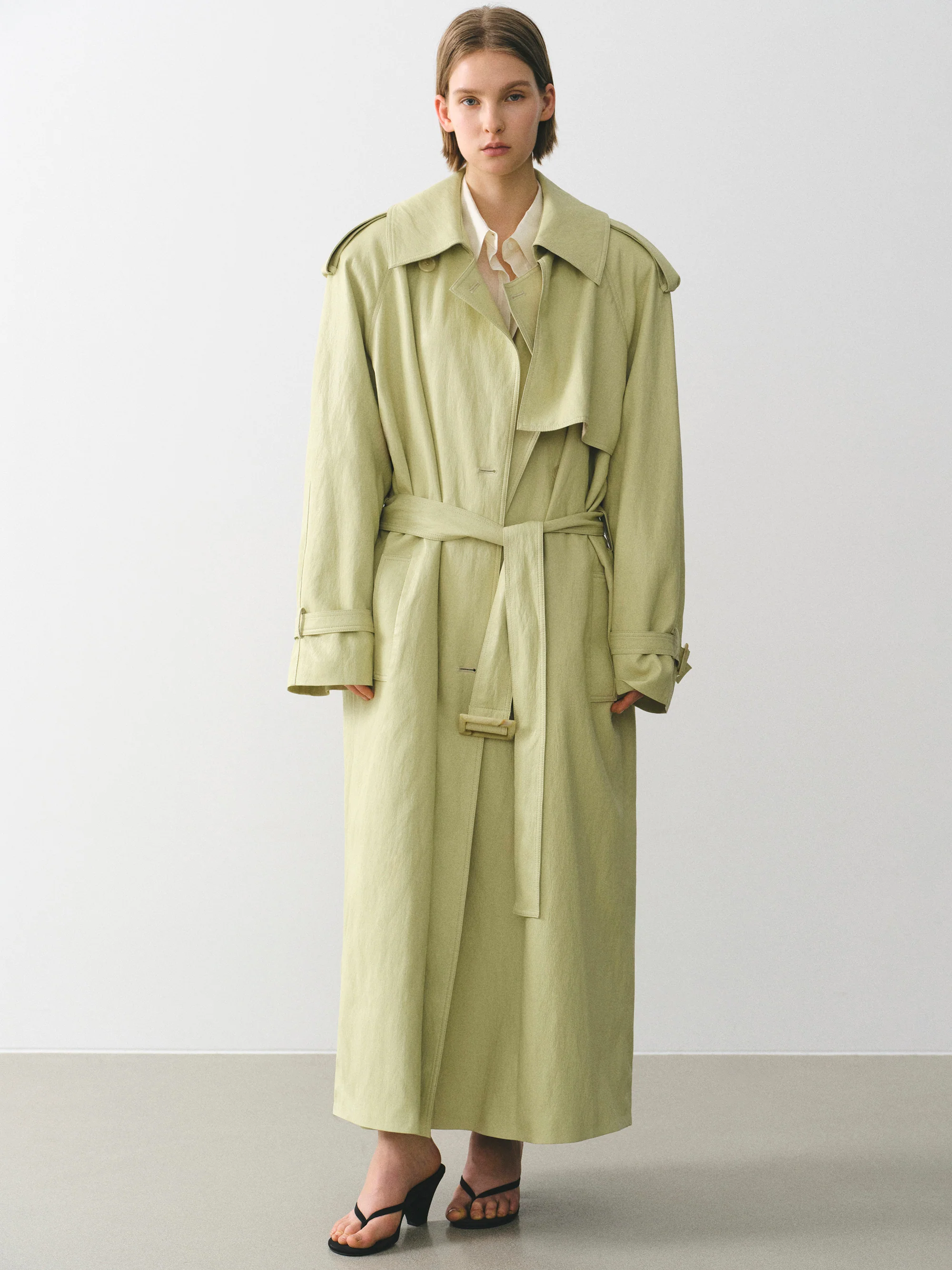 Oversized Faux-Leather Trench Coat, Yellow - Image 2