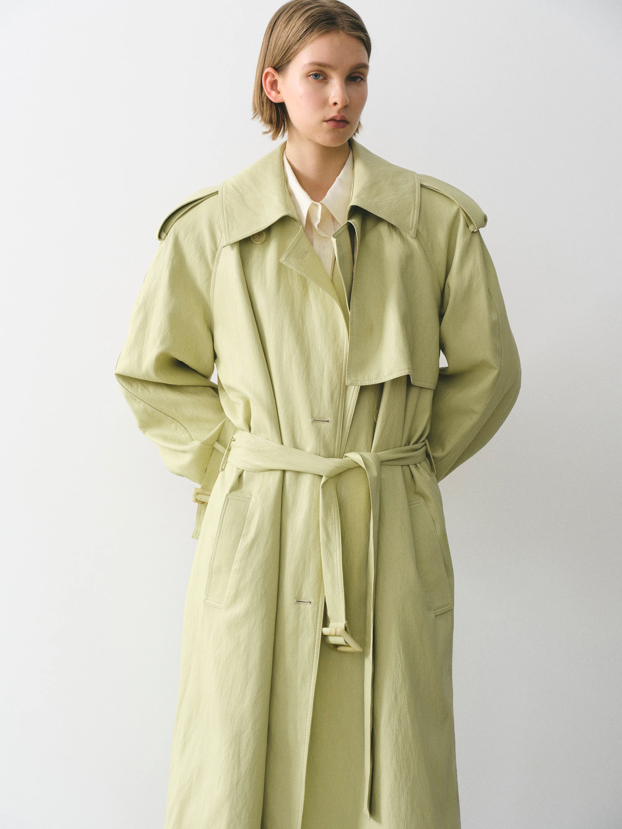 Oversized Faux-Leather Trench Coat, Yellow - Image 3