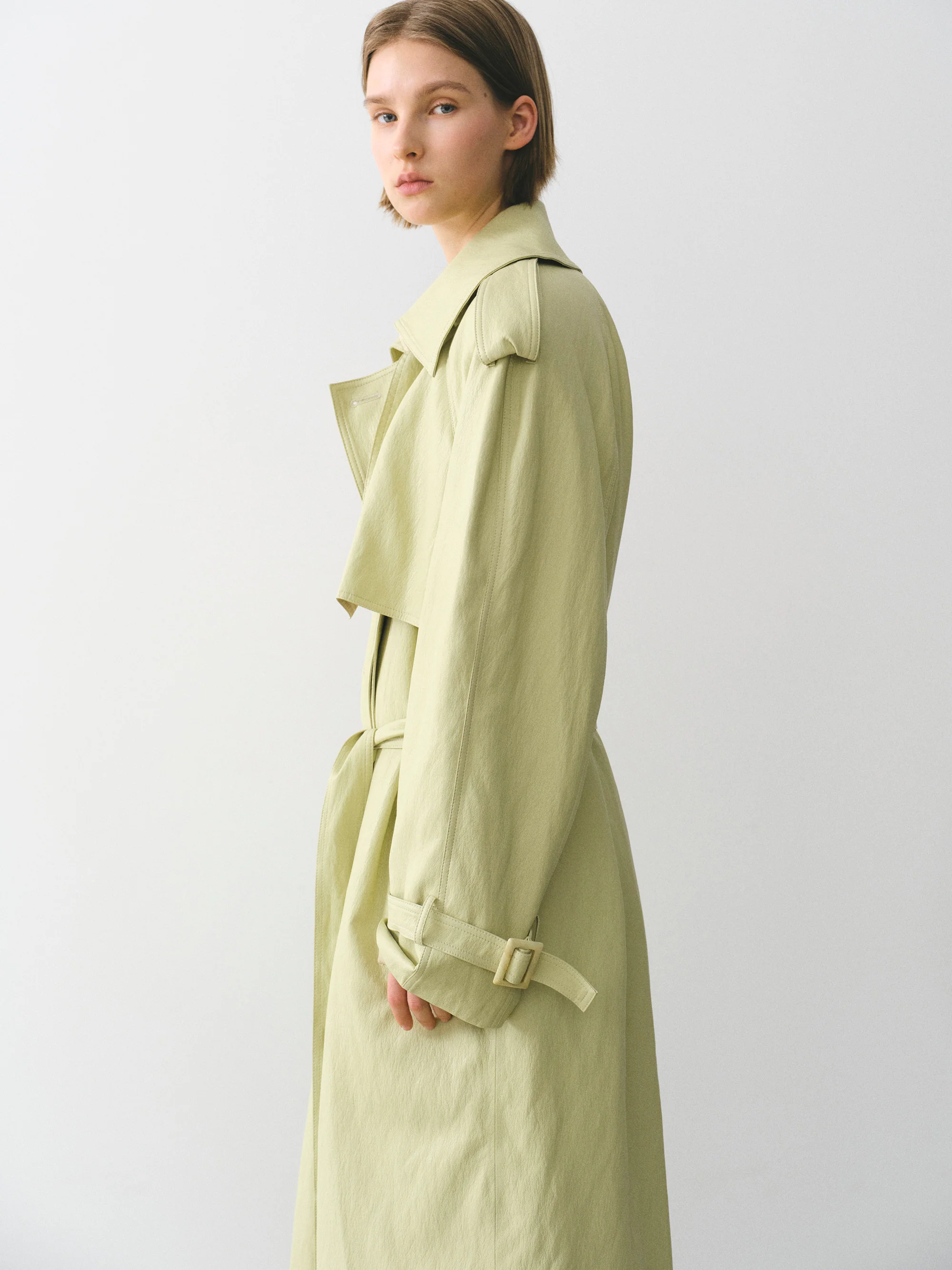 Oversized Faux-Leather Trench Coat, Yellow - Image 4