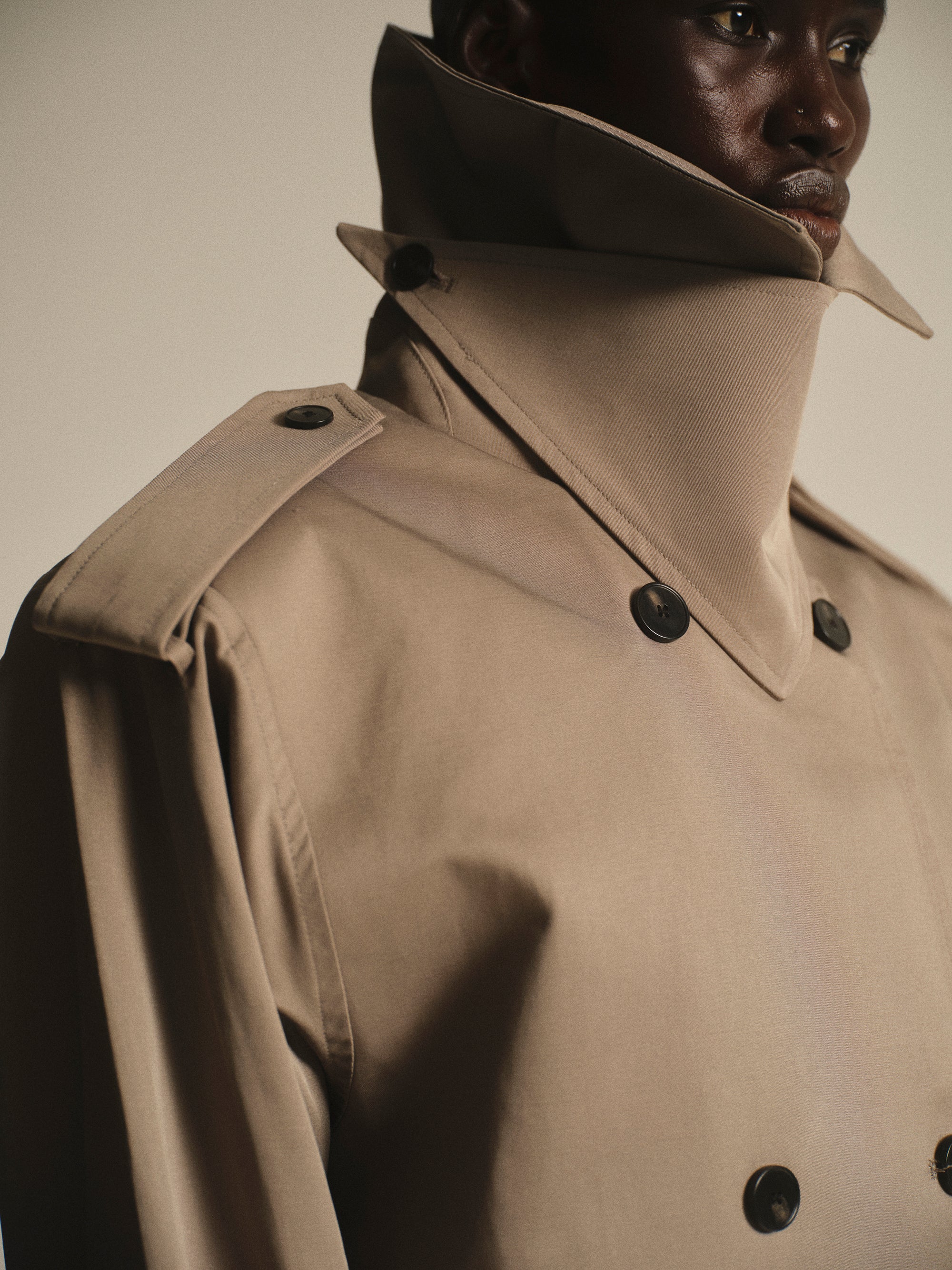 Oversized High Collar Trench Coat, Taupe - Image 2