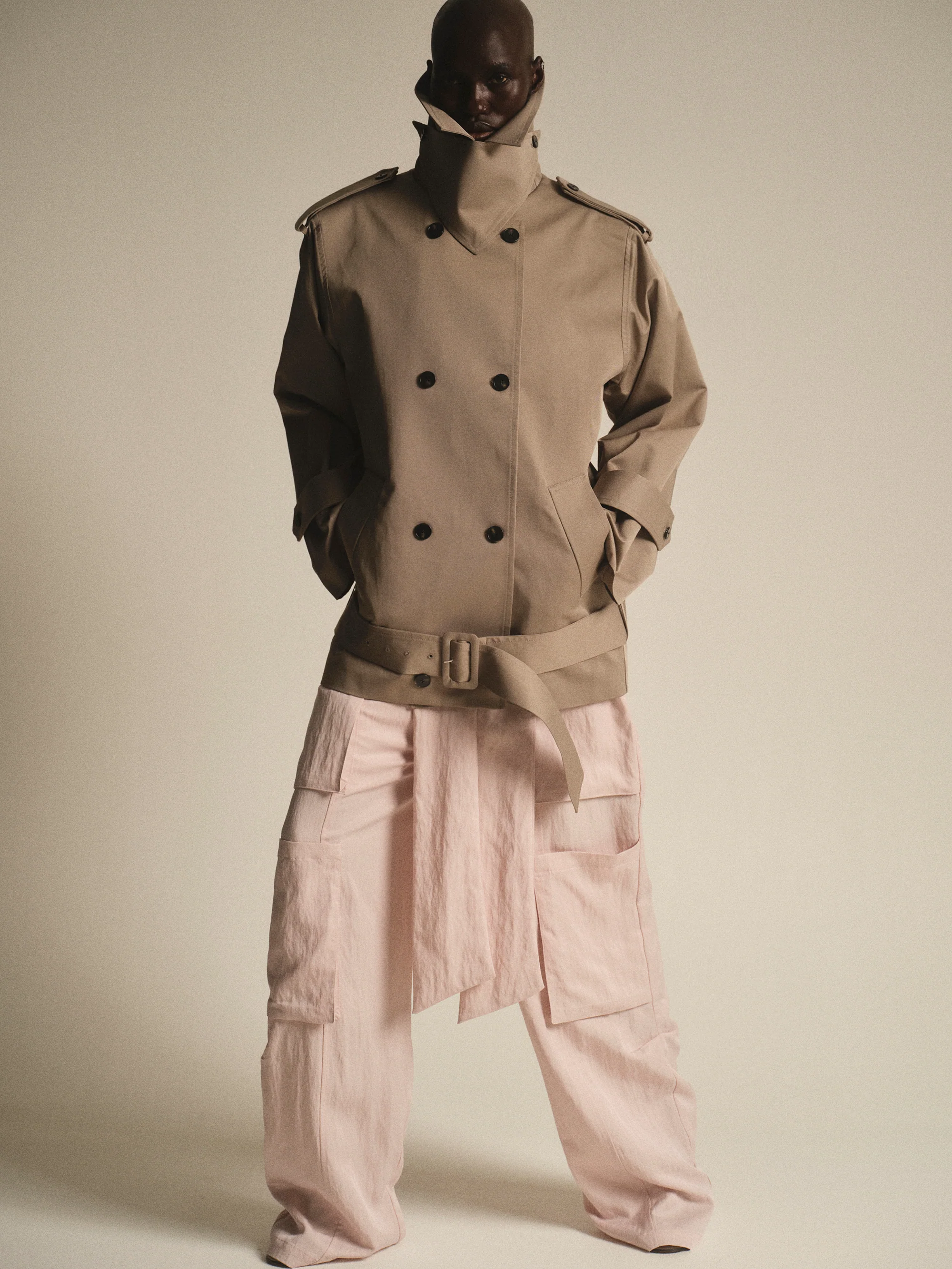 Oversized High Collar Trench Coat, Taupe - Image 3